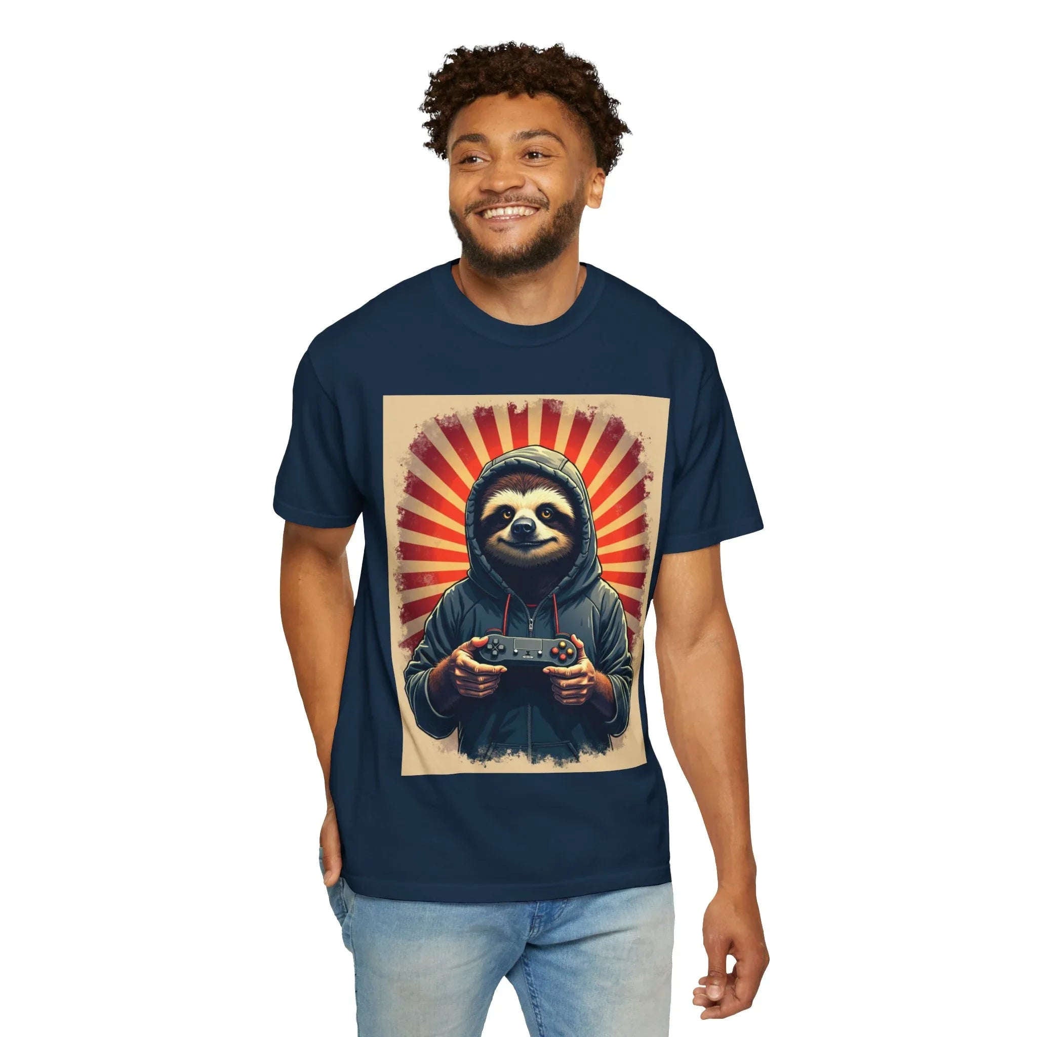 Sloth Gamer Shirt, Hoodie Sloth Controller Tee, Retro Sunburst Gaming T-Shirt, Funny Cute Gamer Gift, Game Night Outfit True Navy