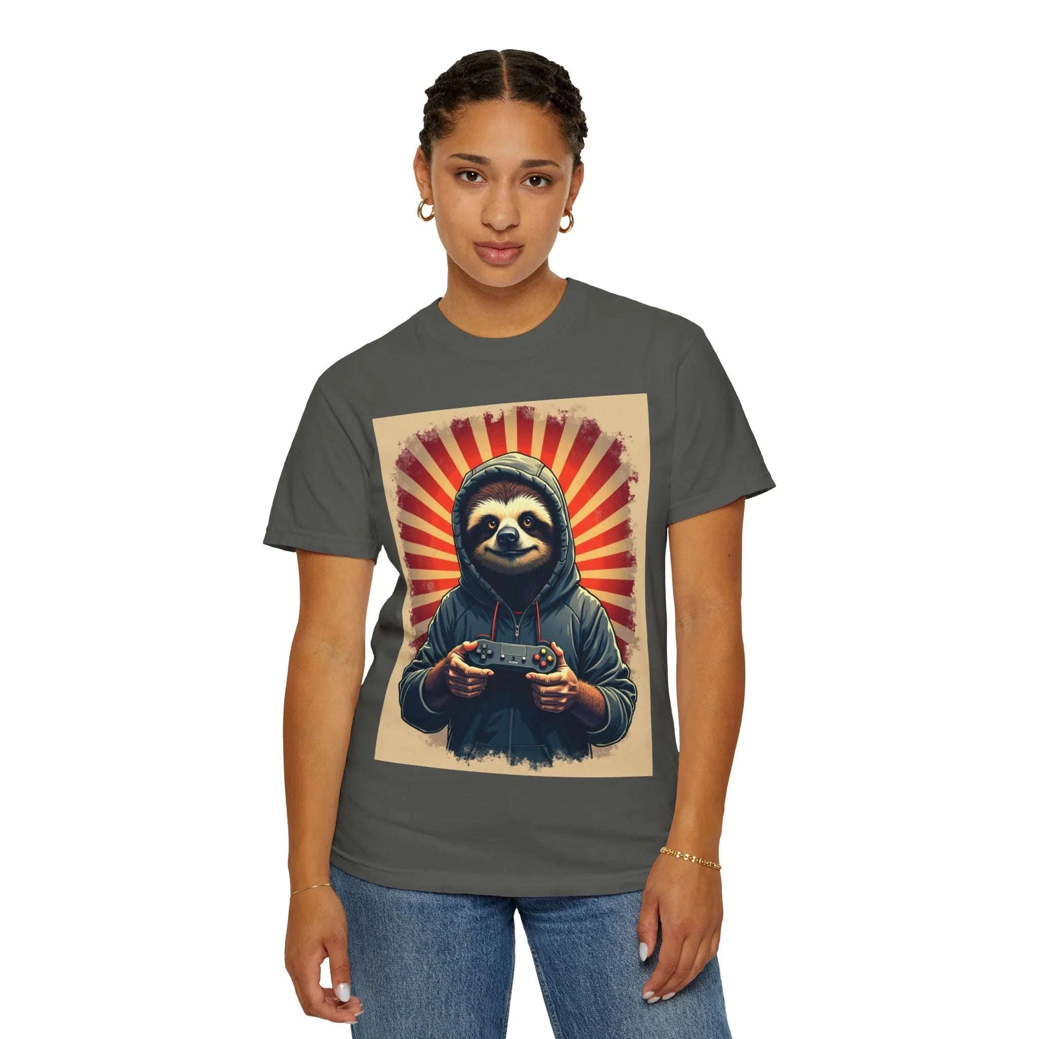 Sloth Gamer Shirt, Hoodie Sloth Controller Tee, Retro Sunburst Gaming T-Shirt, Funny Cute Gamer Gift, Game Night Outfit Pepper