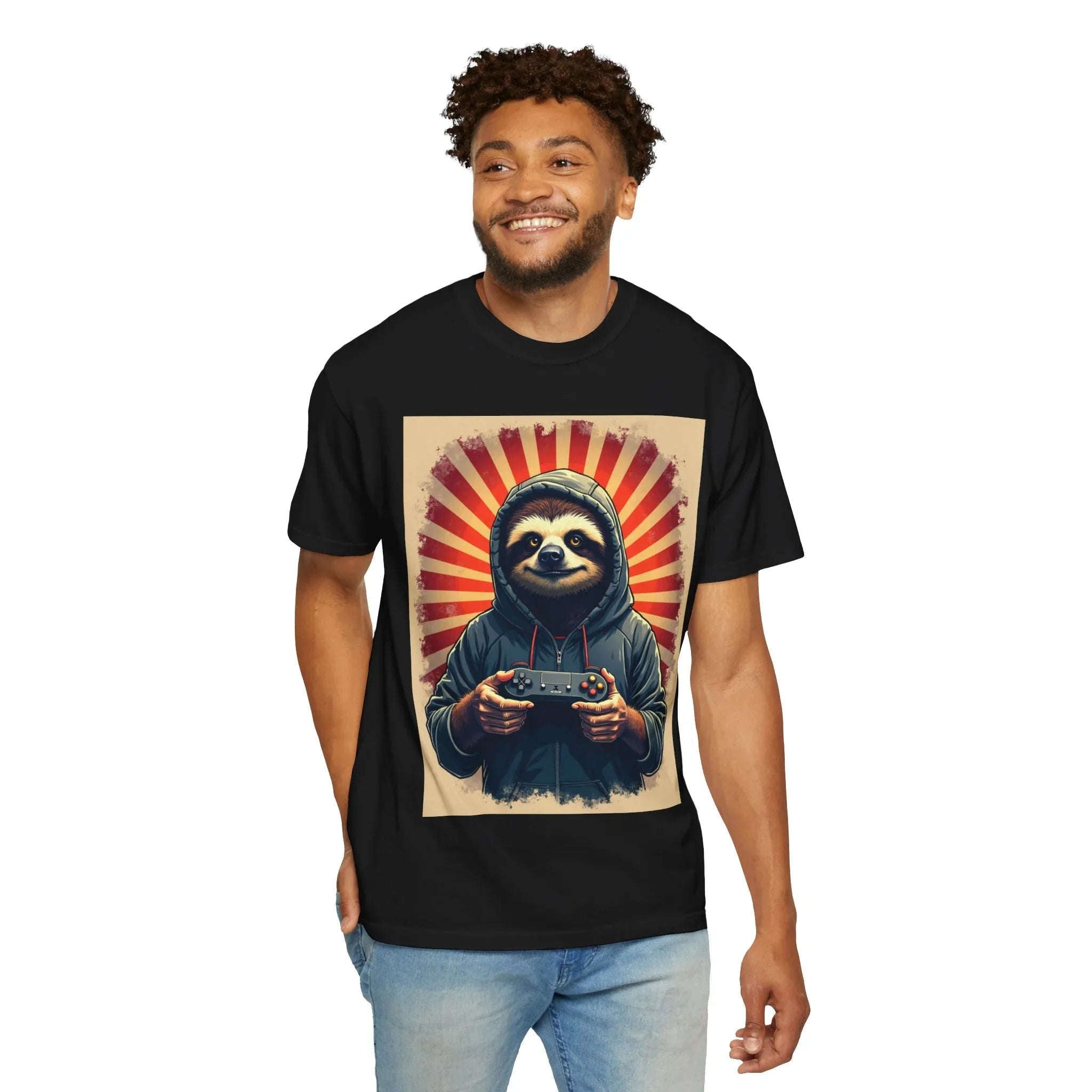 Sloth Gamer Shirt, Hoodie Sloth Controller Tee, Retro Sunburst Gaming T-Shirt, Funny Cute Gamer Gift, Game Night Outfit Black