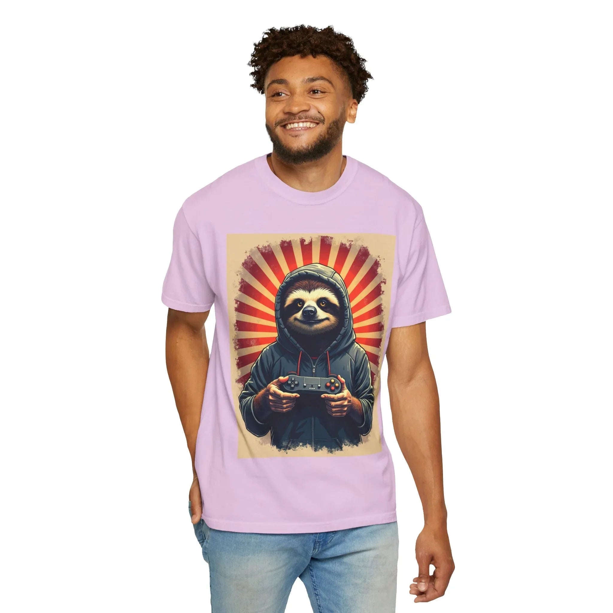 Sloth Gamer Shirt, Hoodie Sloth Controller Tee, Retro Sunburst Gaming T-Shirt, Funny Cute Gamer Gift, Game Night Outfit Orchid