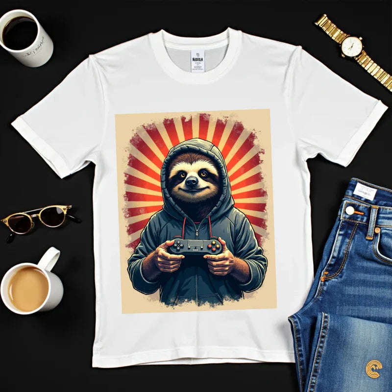 Sloth Gamer Shirt, Hoodie Sloth Controller Tee, Retro Sunburst Gaming T-Shirt, Funny Cute Gamer Gift, Game Night Outfit White