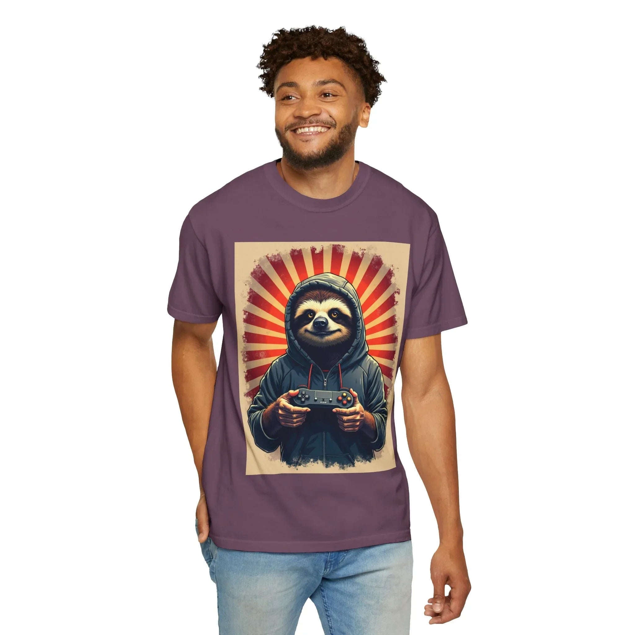 Sloth Gamer Shirt, Hoodie Sloth Controller Tee, Retro Sunburst Gaming T-Shirt, Funny Cute Gamer Gift, Game Night Outfit Berry M
