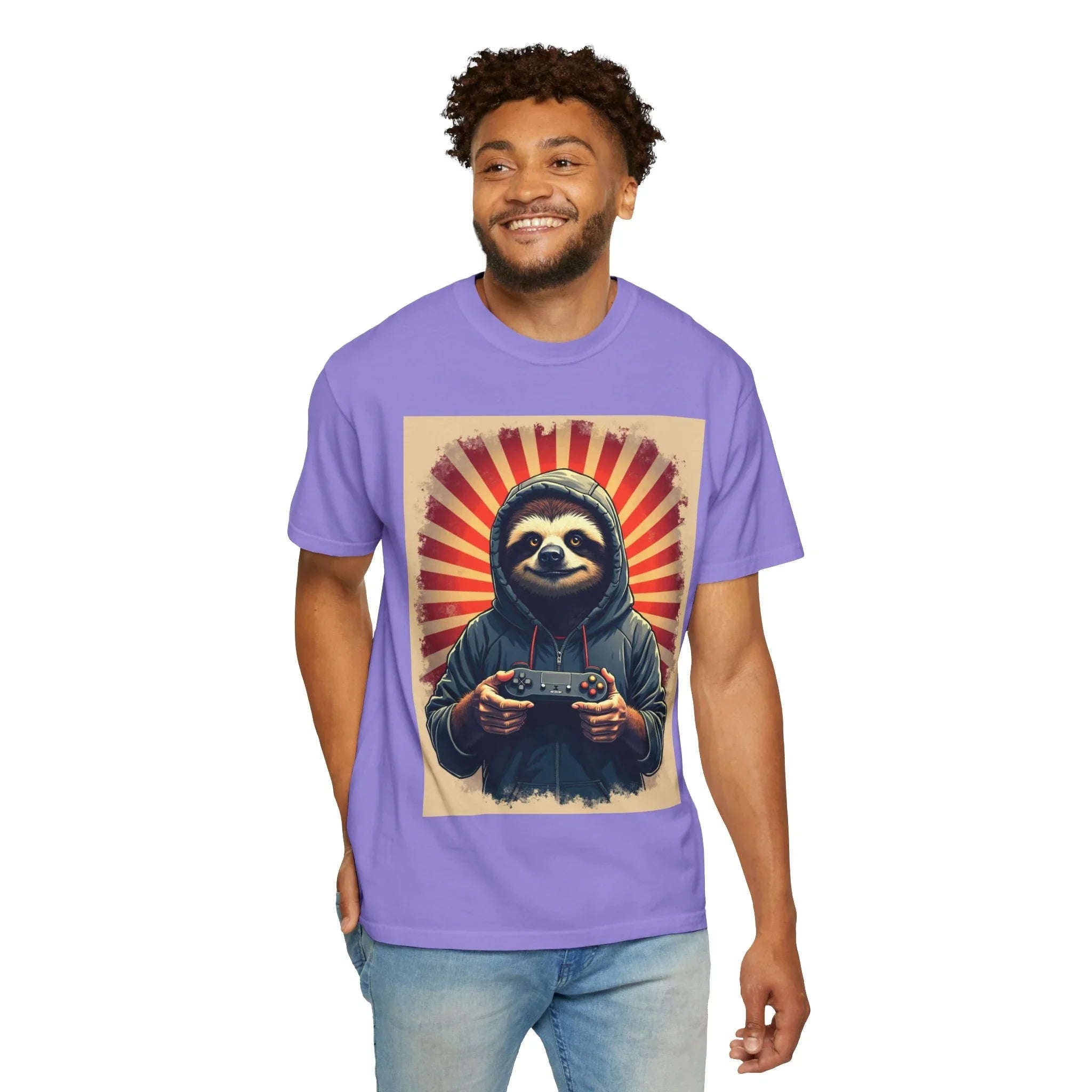 Sloth Gamer Shirt, Hoodie Sloth Controller Tee, Retro Sunburst Gaming T-Shirt, Funny Cute Gamer Gift, Game Night Outfit Violet