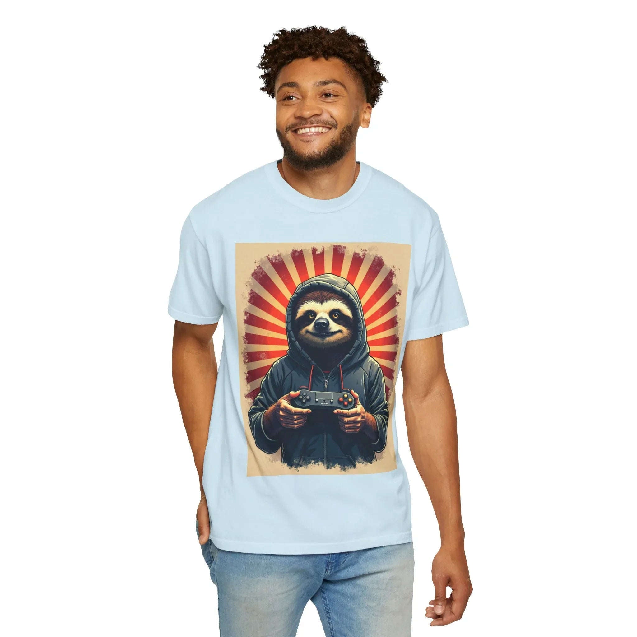 Sloth Gamer Shirt, Hoodie Sloth Controller Tee, Retro Sunburst Gaming T-Shirt, Funny Cute Gamer Gift, Game Night Outfit Chambray
