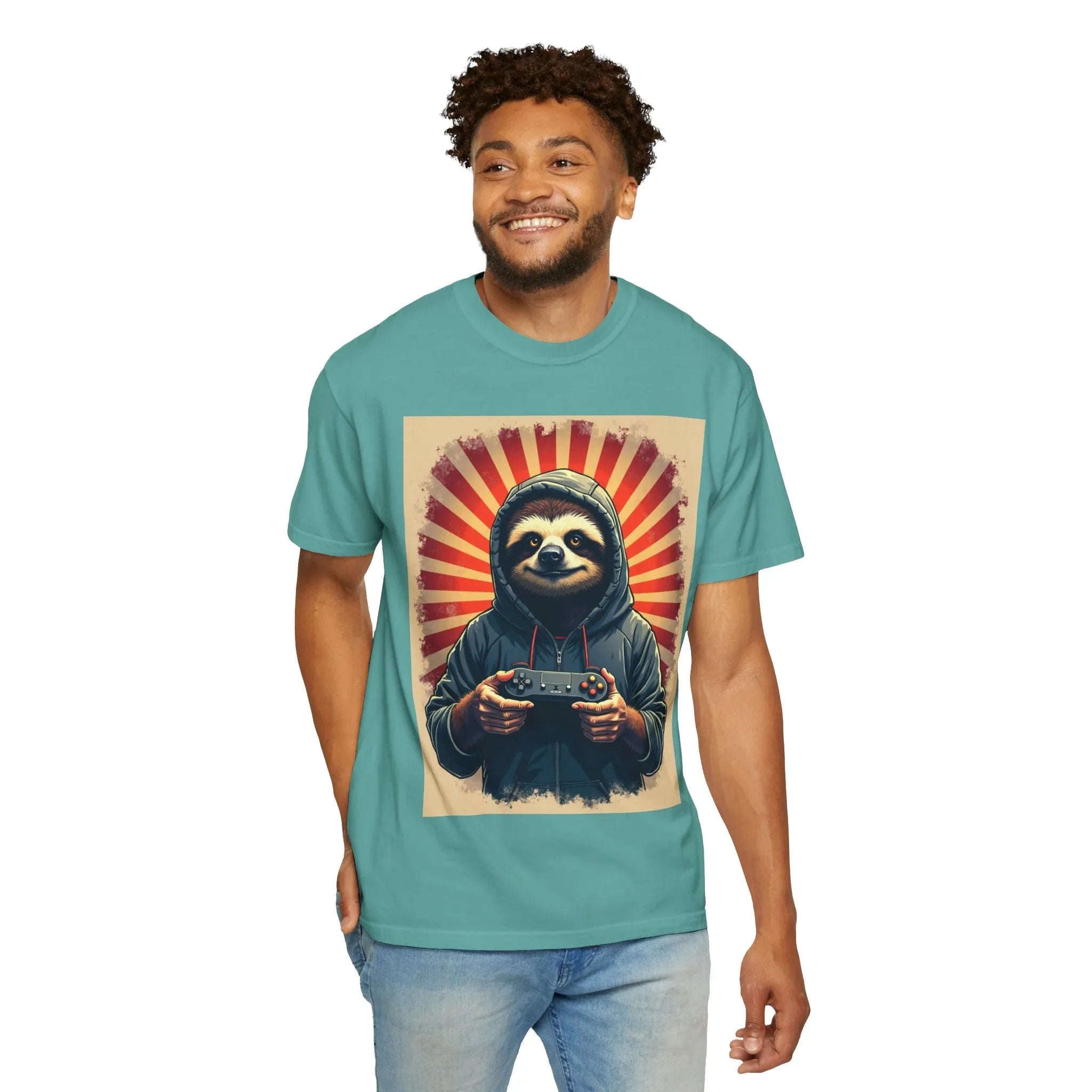 Sloth Gamer Shirt, Hoodie Sloth Controller Tee, Retro Sunburst Gaming T-Shirt, Funny Cute Gamer Gift, Game Night Outfit Seafoam