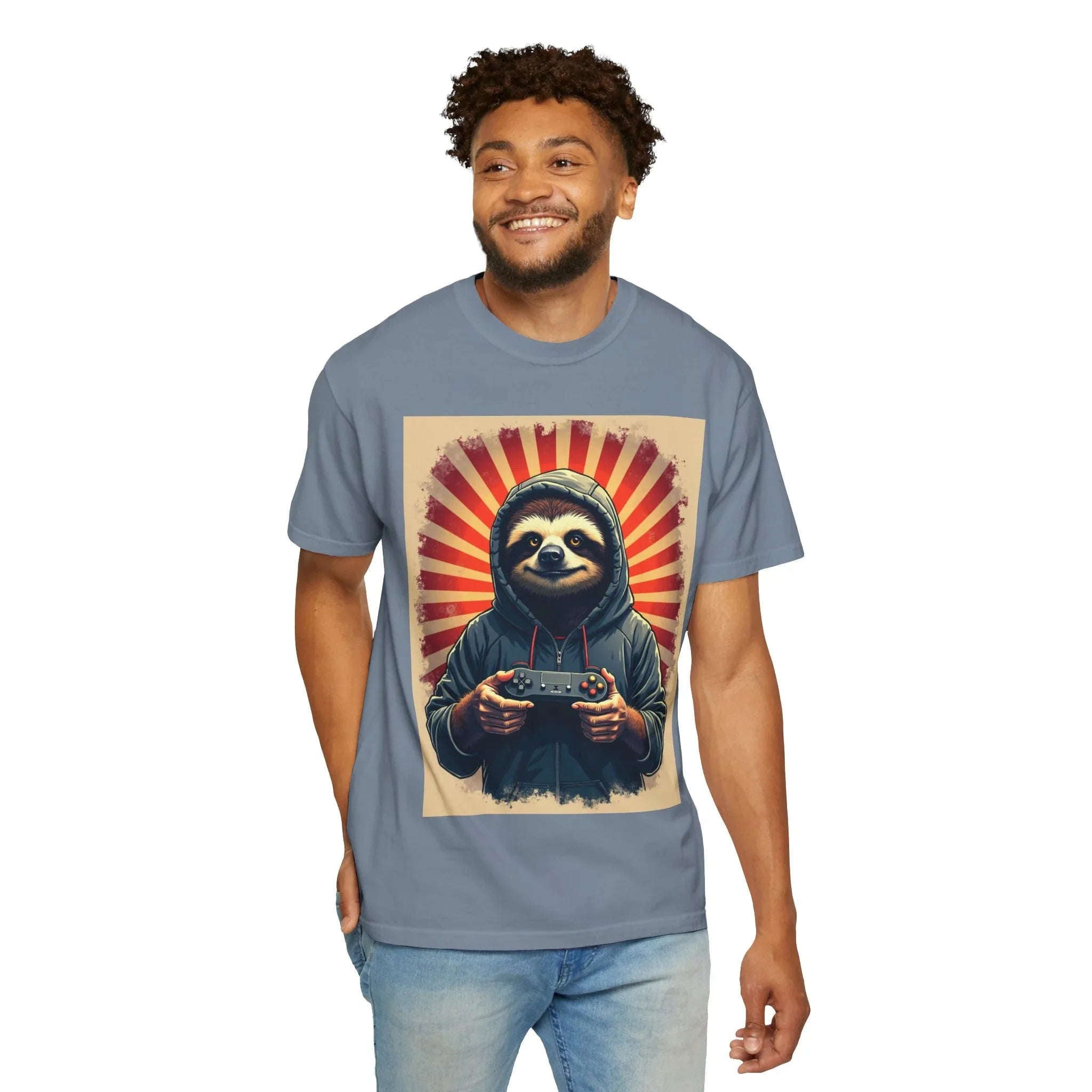Sloth Gamer Shirt, Hoodie Sloth Controller Tee, Retro Sunburst Gaming T-Shirt, Funny Cute Gamer Gift, Game Night Outfit Blue Jean