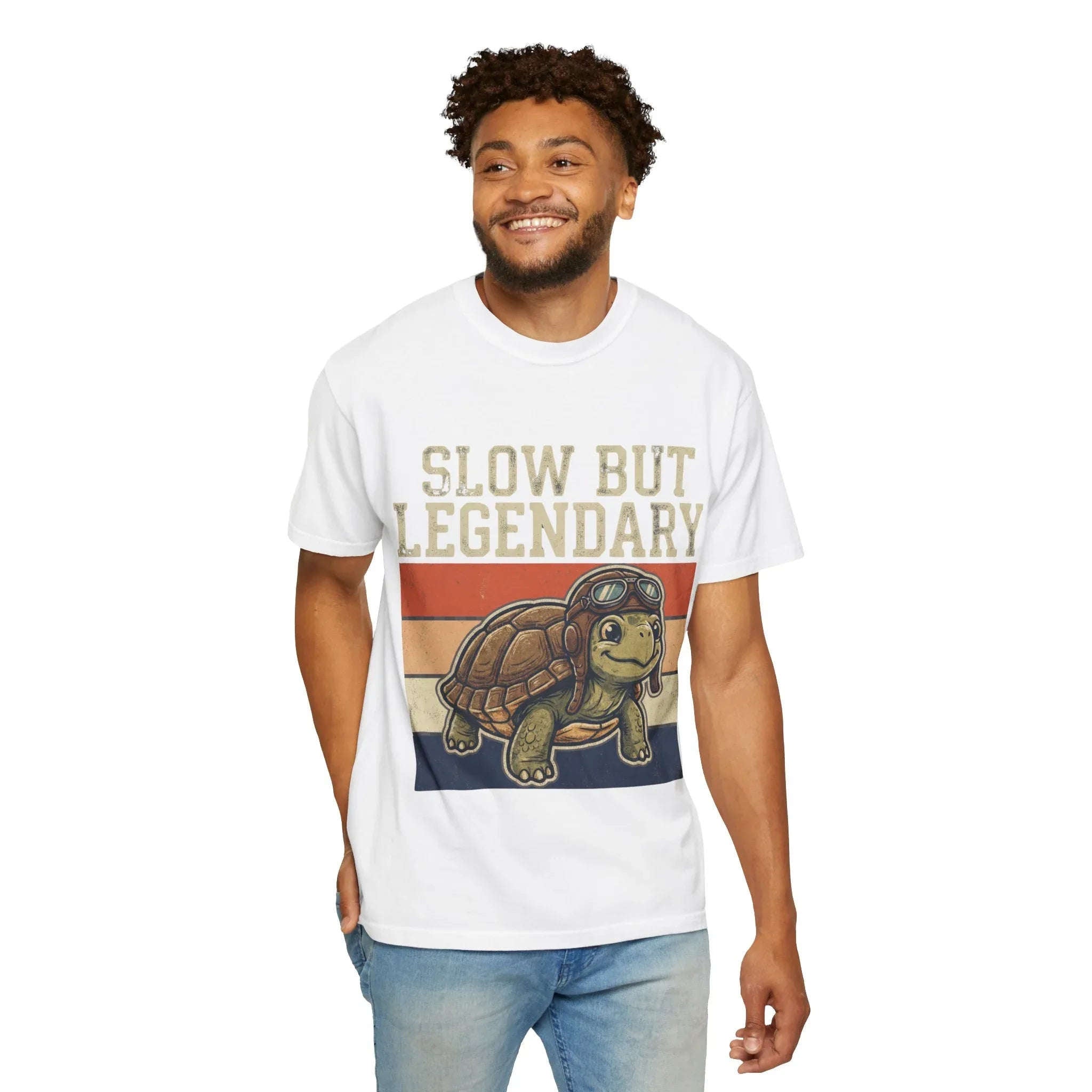 Slow But Legendary Turtle T-Shirt | Retro Stripes Vintage Graphic Tee | Aviator Tortoise Shirt | Garment-Dyed Heavyweight Unisex White