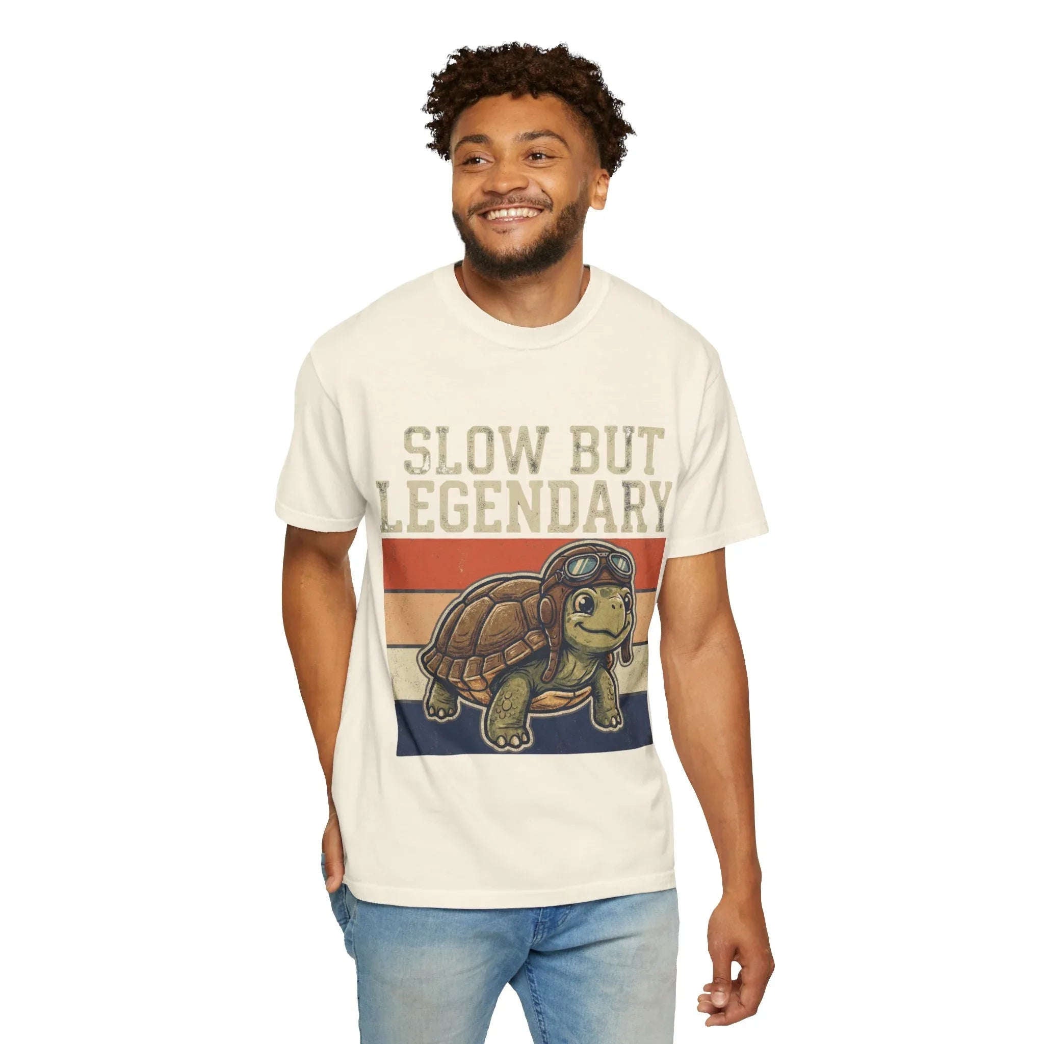 Slow But Legendary Turtle T-Shirt | Retro Stripes Vintage Graphic Tee | Aviator Tortoise Shirt | Garment-Dyed Heavyweight Unisex Ivory