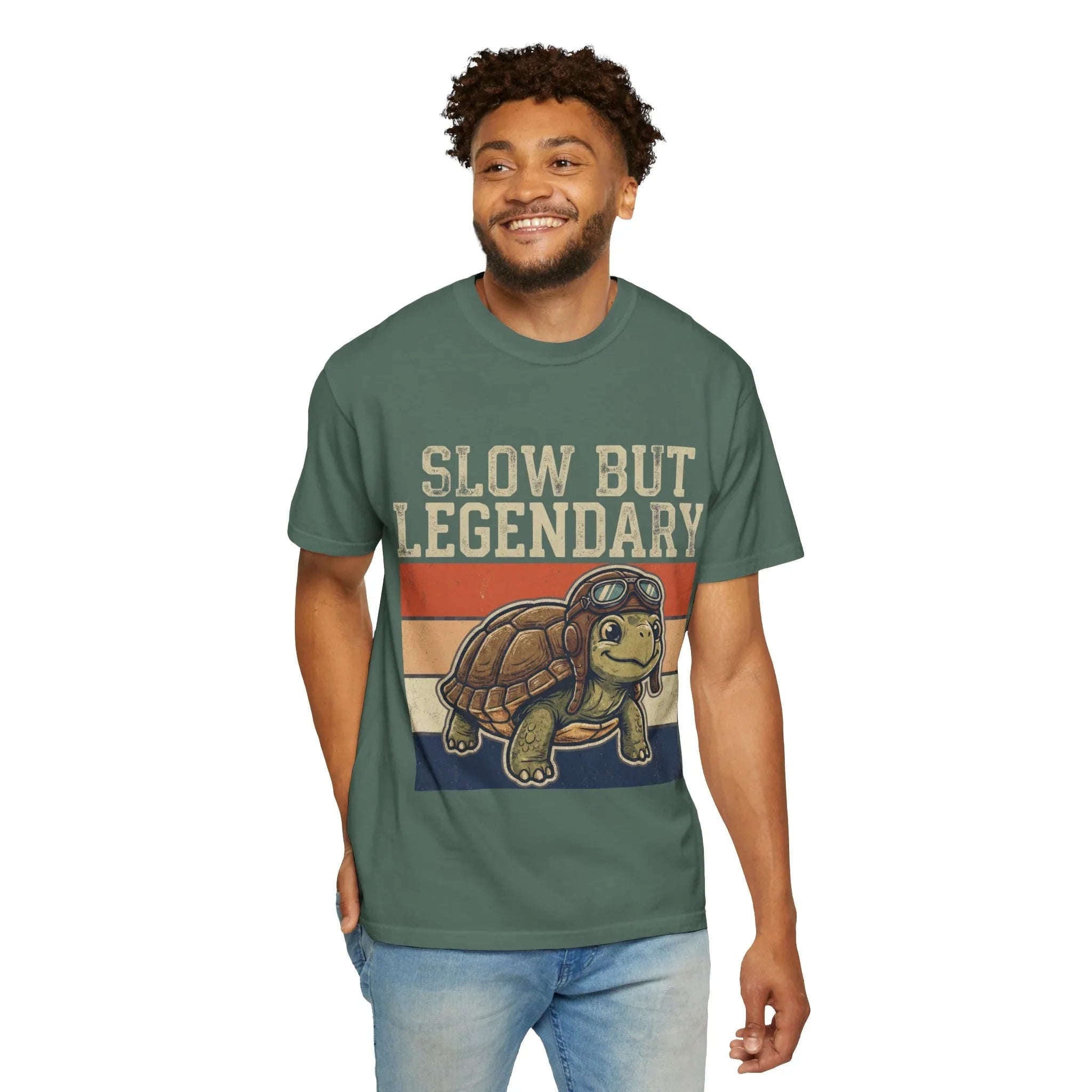 Slow But Legendary Turtle T-Shirt | Retro Stripes Vintage Graphic Tee | Aviator Tortoise Shirt | Garment-Dyed Heavyweight Unisex Blue Spruce