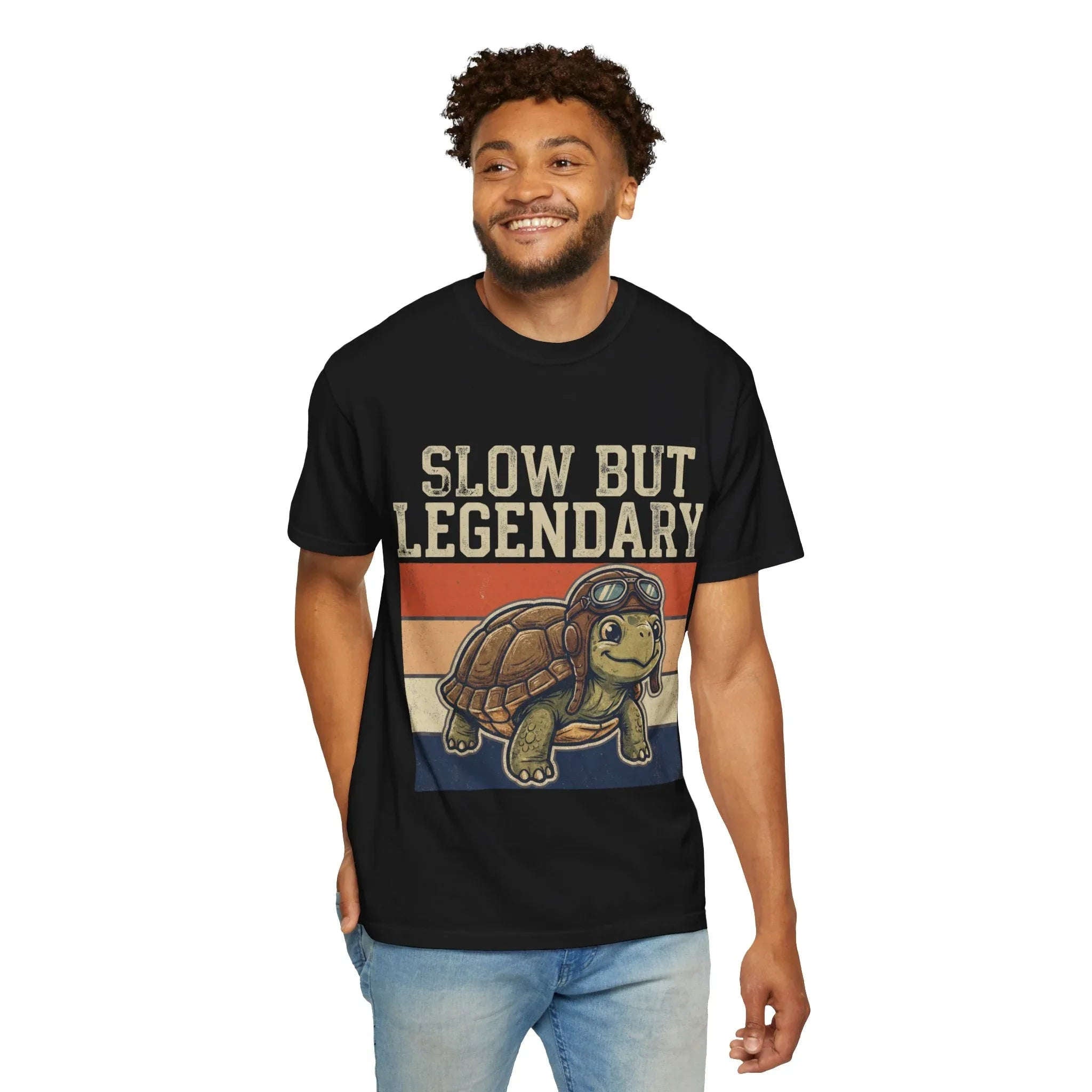 Slow But Legendary Turtle T-Shirt | Retro Stripes Vintage Graphic Tee | Aviator Tortoise Shirt | Garment-Dyed Heavyweight Unisex Black