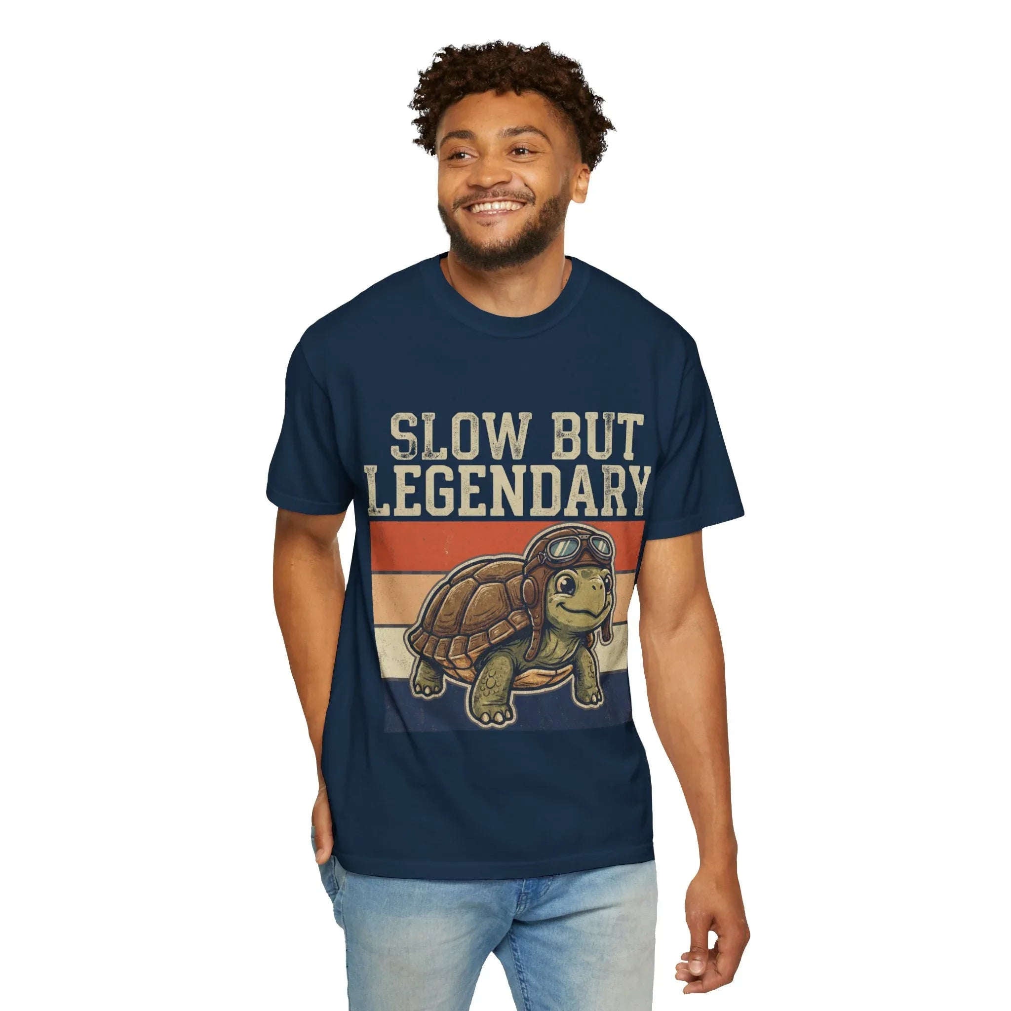 Slow But Legendary Turtle T-Shirt | Retro Stripes Vintage Graphic Tee | Aviator Tortoise Shirt | Garment-Dyed Heavyweight Unisex True Navy