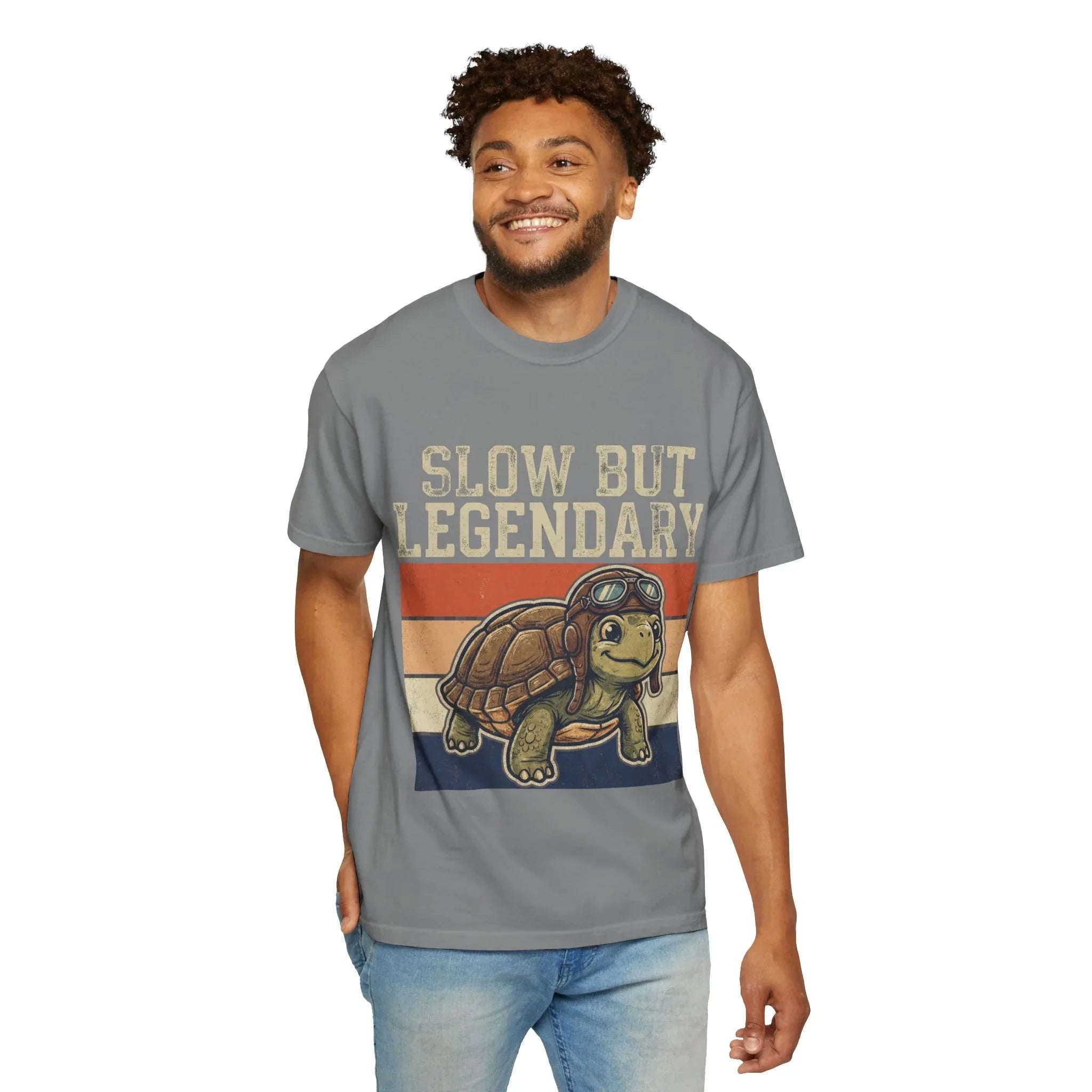 Slow But Legendary Turtle T-Shirt | Retro Stripes Vintage Graphic Tee | Aviator Tortoise Shirt | Garment-Dyed Heavyweight Unisex Grey