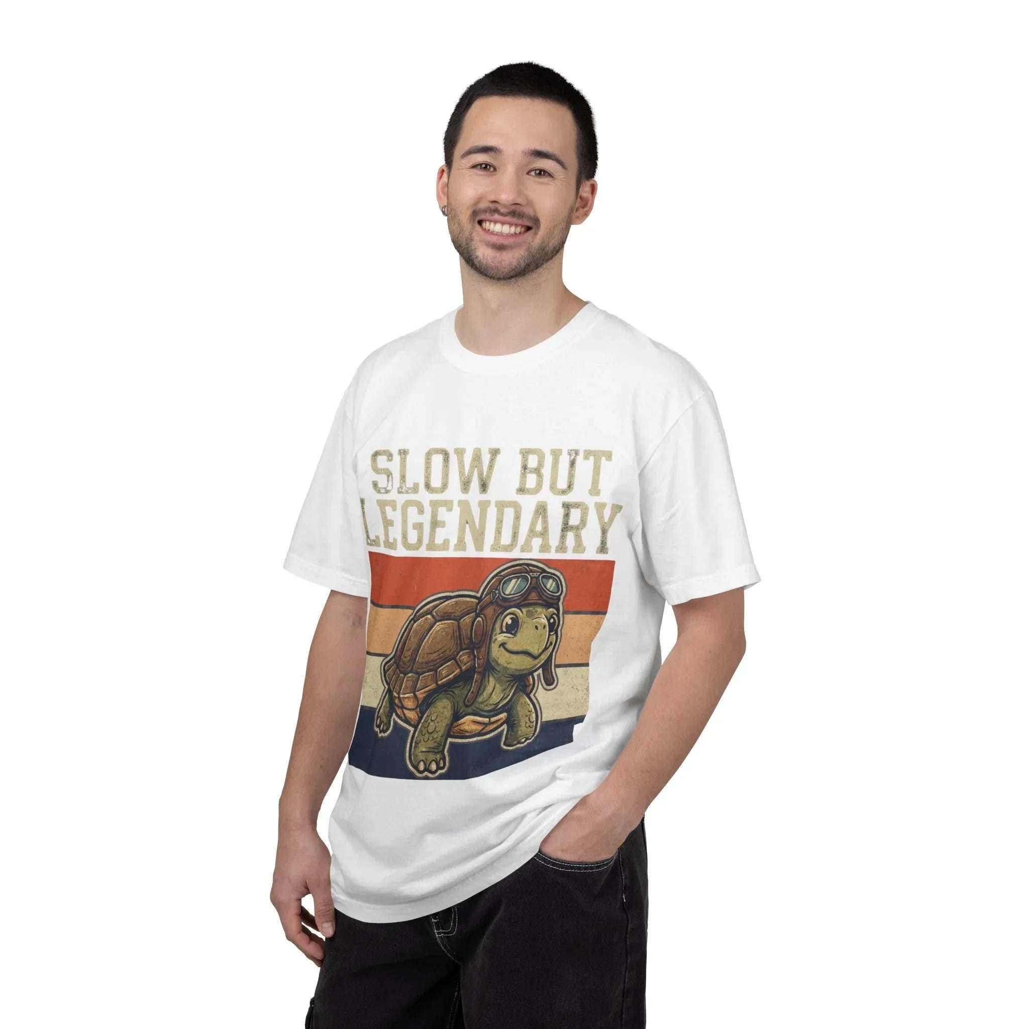 Slow But Legendary Turtle T-Shirt | Retro Stripes Vintage Graphic Tee | Aviator Tortoise Shirt | Garment-Dyed Heavyweight Unisex