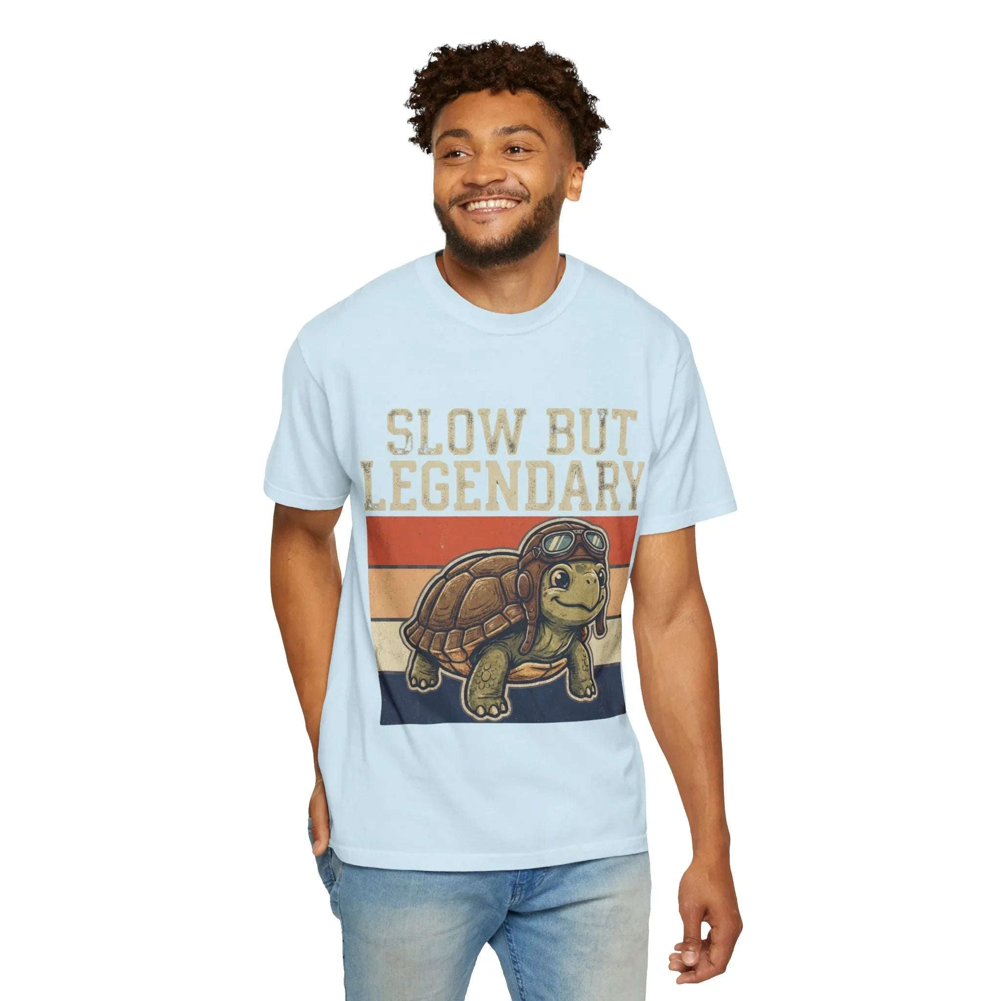 Slow But Legendary Turtle T-Shirt | Retro Stripes Vintage Graphic Tee | Aviator Tortoise Shirt | Garment-Dyed Heavyweight Unisex Chambray
