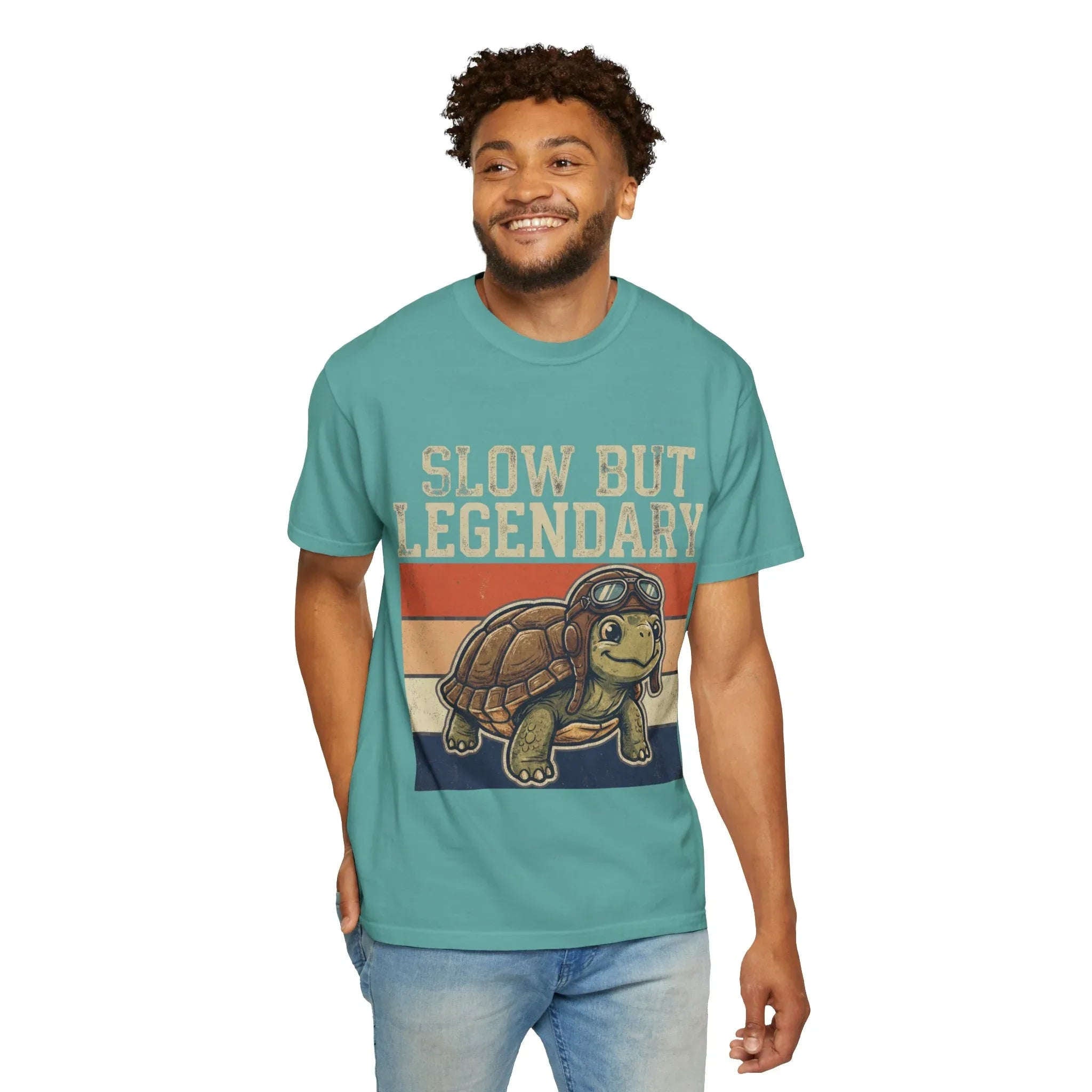Slow But Legendary Turtle T-Shirt | Retro Stripes Vintage Graphic Tee | Aviator Tortoise Shirt | Garment-Dyed Heavyweight Unisex Seafoam