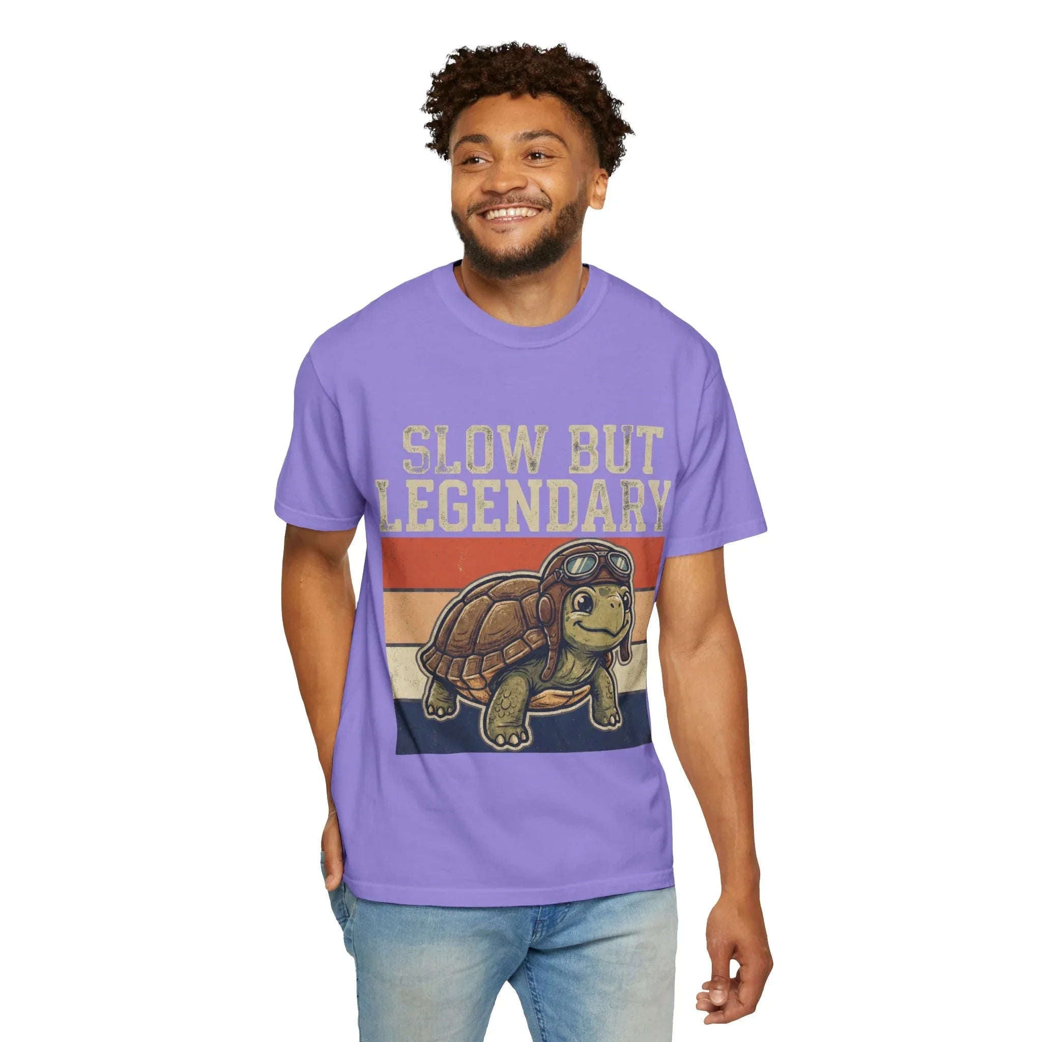 Slow But Legendary Turtle T-Shirt | Retro Stripes Vintage Graphic Tee | Aviator Tortoise Shirt | Garment-Dyed Heavyweight Unisex Violet