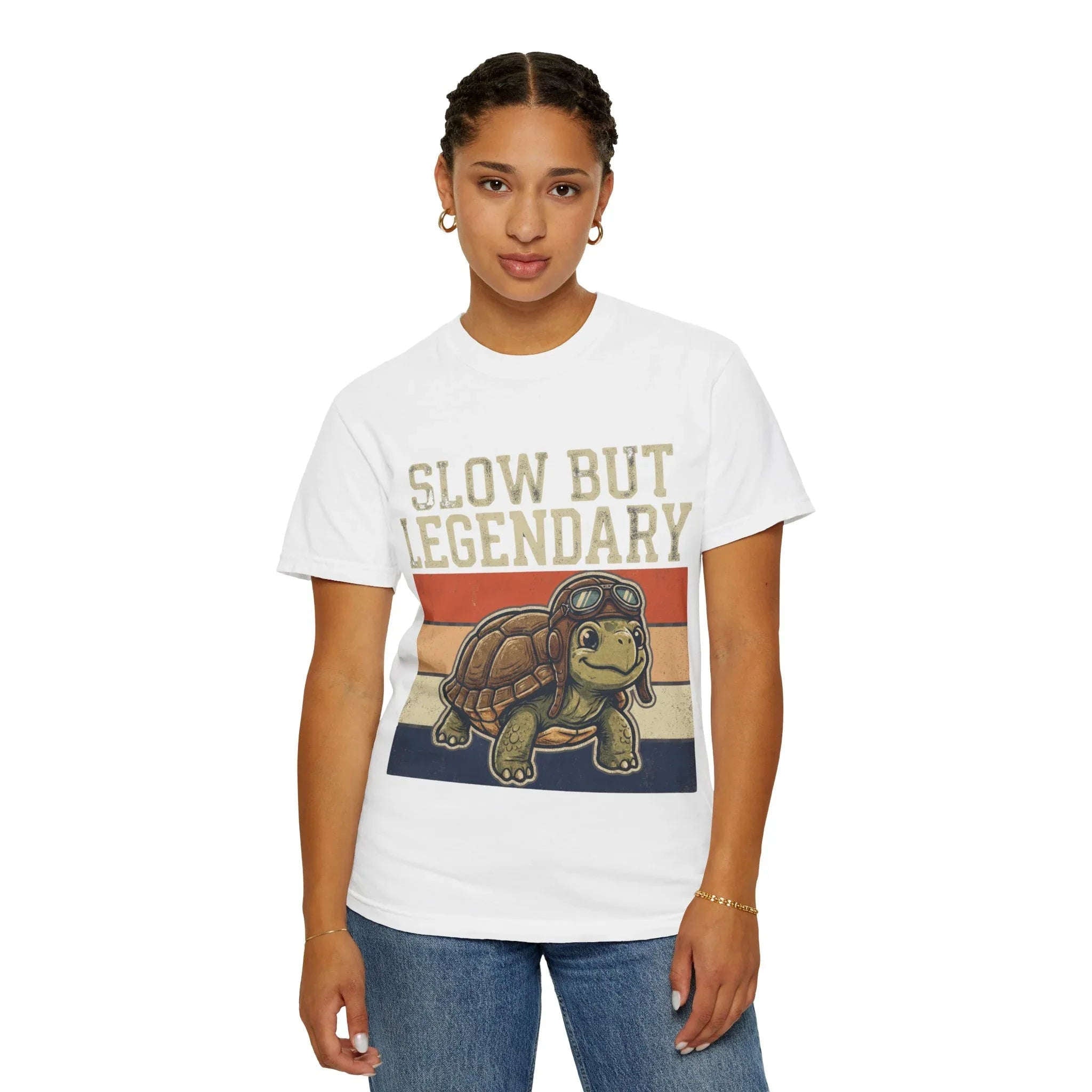 Slow But Legendary Turtle T-Shirt | Retro Stripes Vintage Graphic Tee | Aviator Tortoise Shirt | Garment-Dyed Heavyweight Unisex