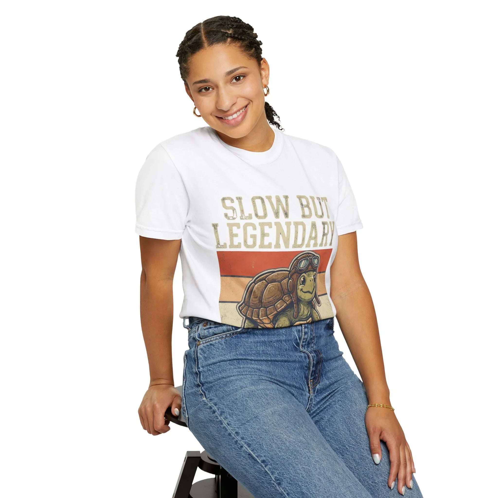 Slow But Legendary Turtle T-Shirt | Retro Stripes Vintage Graphic Tee | Aviator Tortoise Shirt | Garment-Dyed Heavyweight Unisex