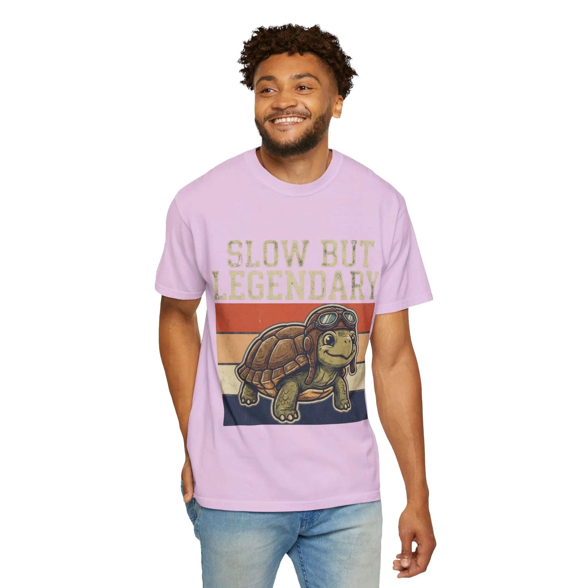 Slow But Legendary Turtle T-Shirt | Retro Stripes Vintage Graphic Tee | Aviator Tortoise Shirt | Garment-Dyed Heavyweight Unisex Orchid