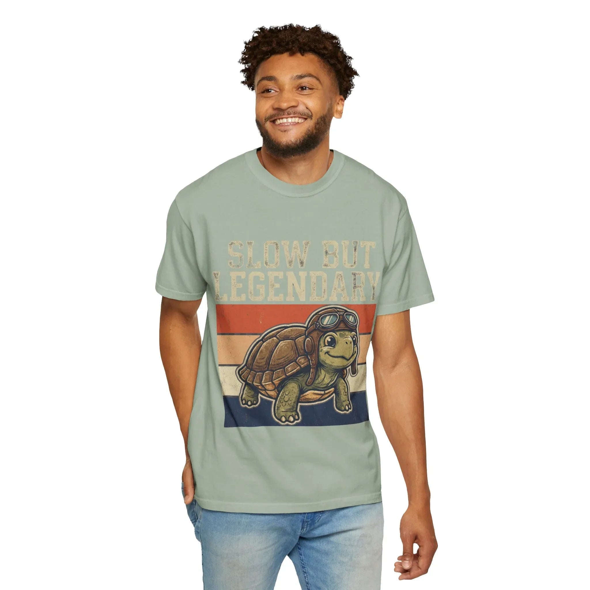 Slow But Legendary Turtle T-Shirt | Retro Stripes Vintage Graphic Tee | Aviator Tortoise Shirt | Garment-Dyed Heavyweight Unisex Bay