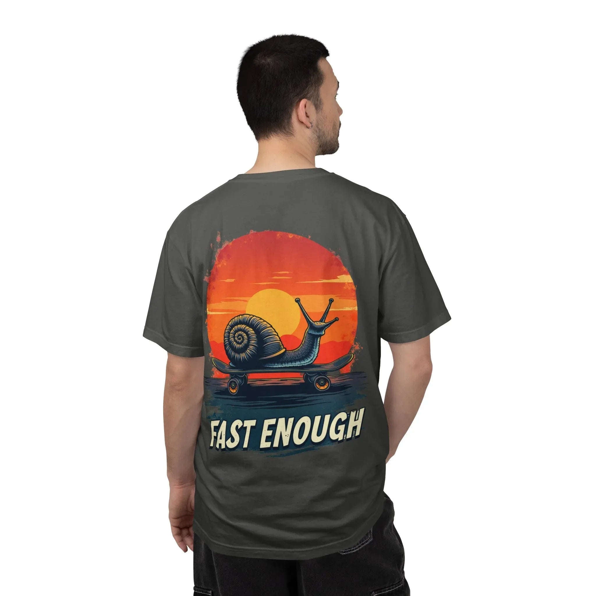Snail on Skateboard Fast Enough T-Shirt, Funny Skate Graphic Sunset Tee, Cute Slow Skater Humor Pepper