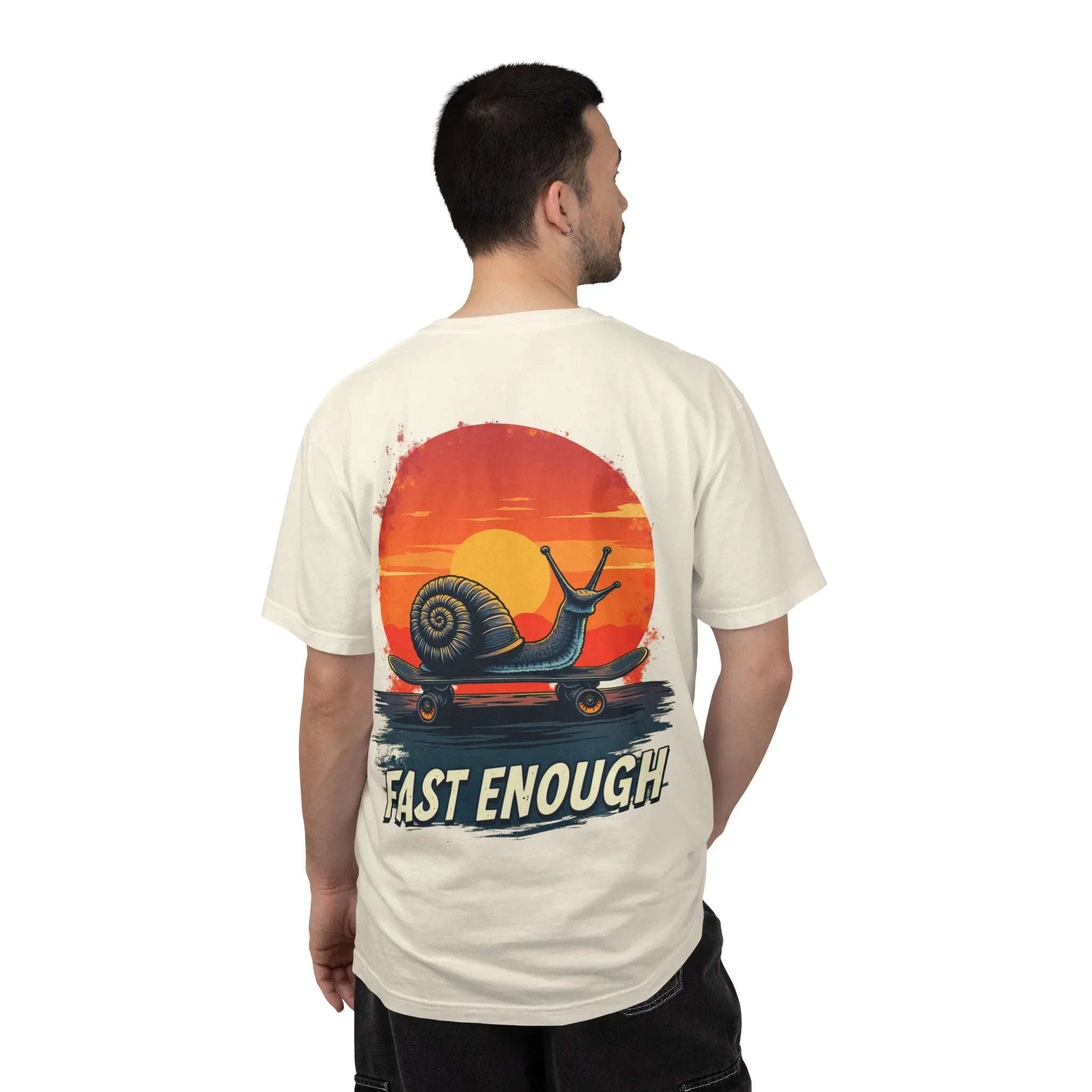 Snail on Skateboard Fast Enough T-Shirt, Funny Skate Graphic Sunset Tee, Cute Slow Skater Humor Ivory