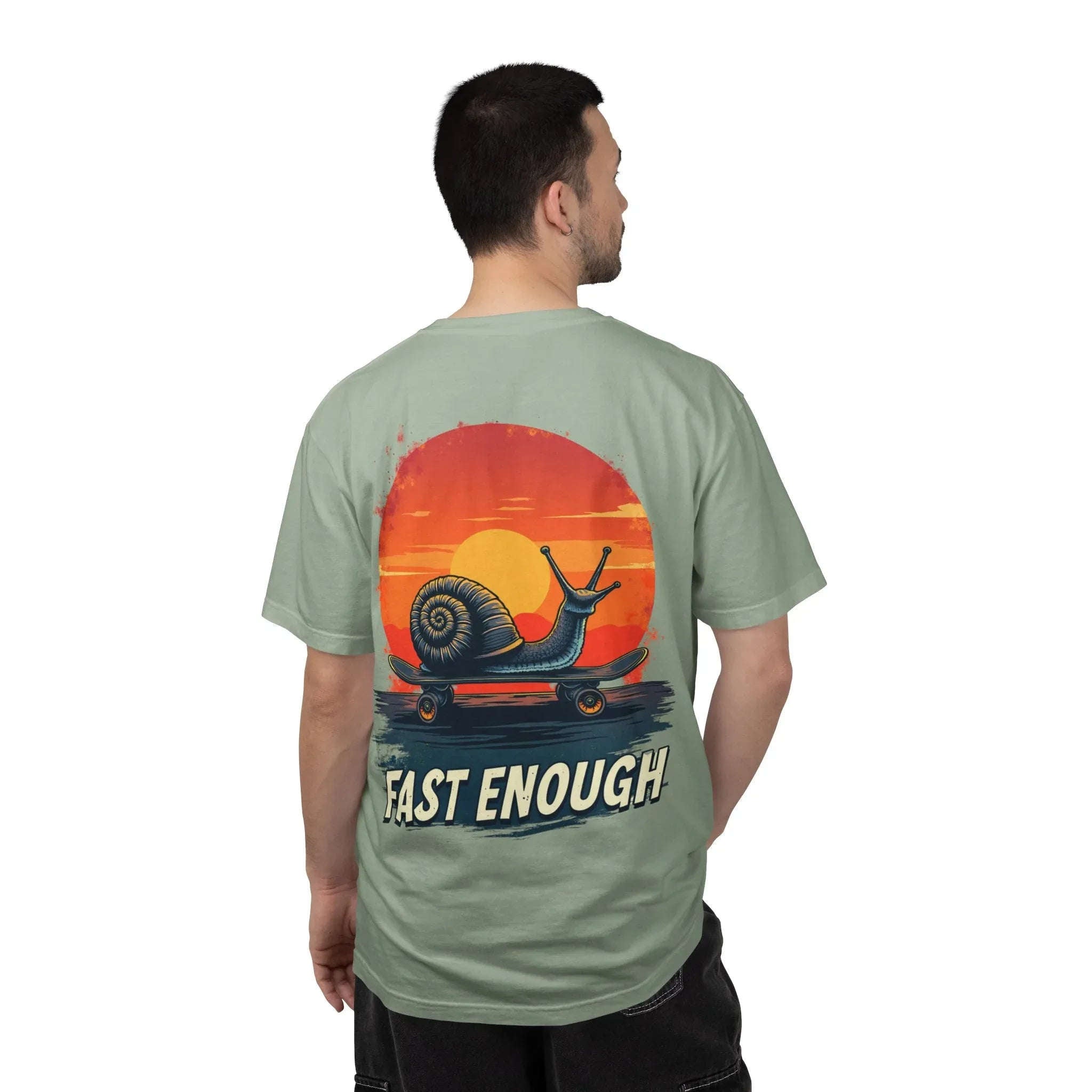 Snail on Skateboard Fast Enough T-Shirt, Funny Skate Graphic Sunset Tee, Cute Slow Skater Humor Bay