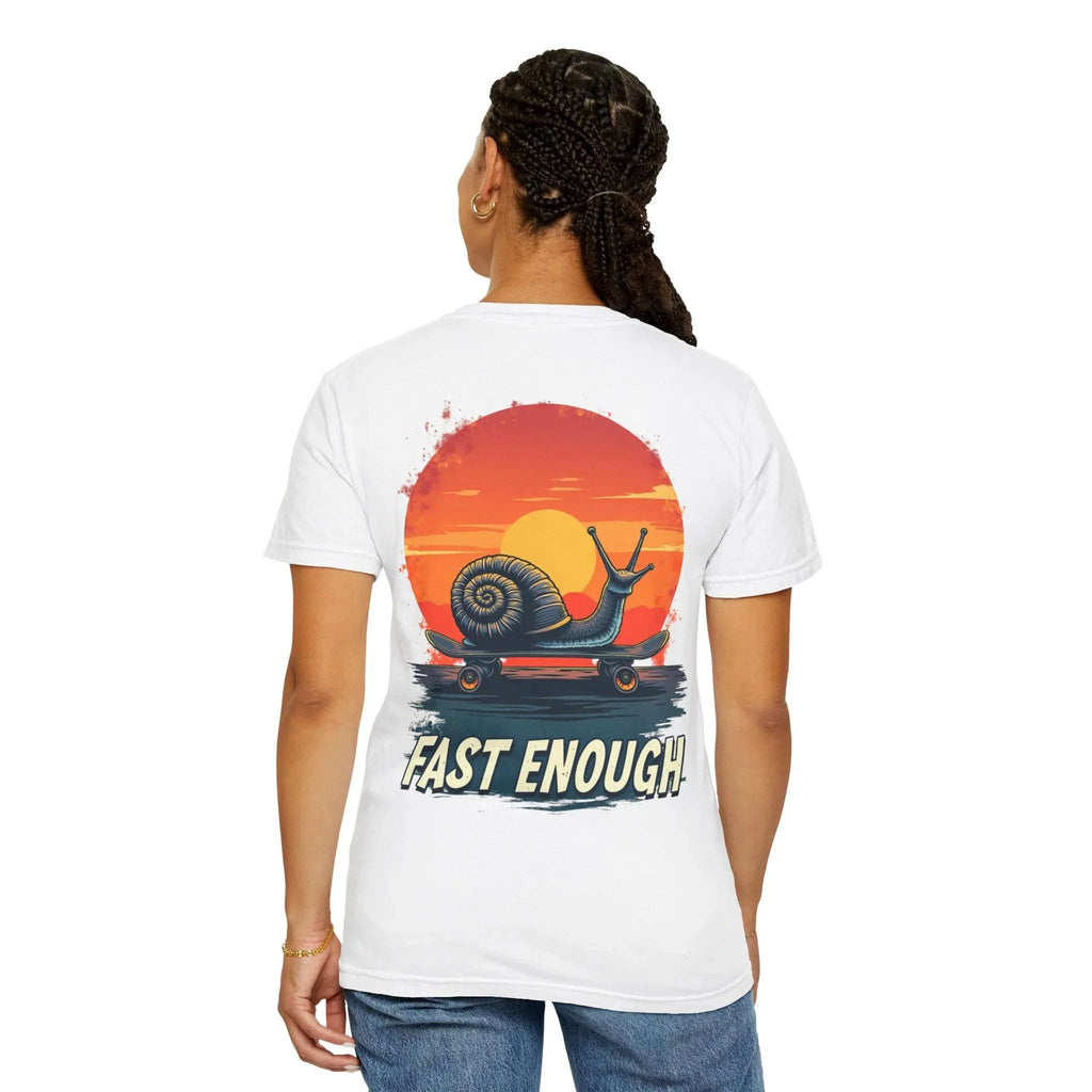 Snail on Skateboard Fast Enough T-Shirt, Funny Skate Graphic Sunset Tee, Cute Slow Skater Humor