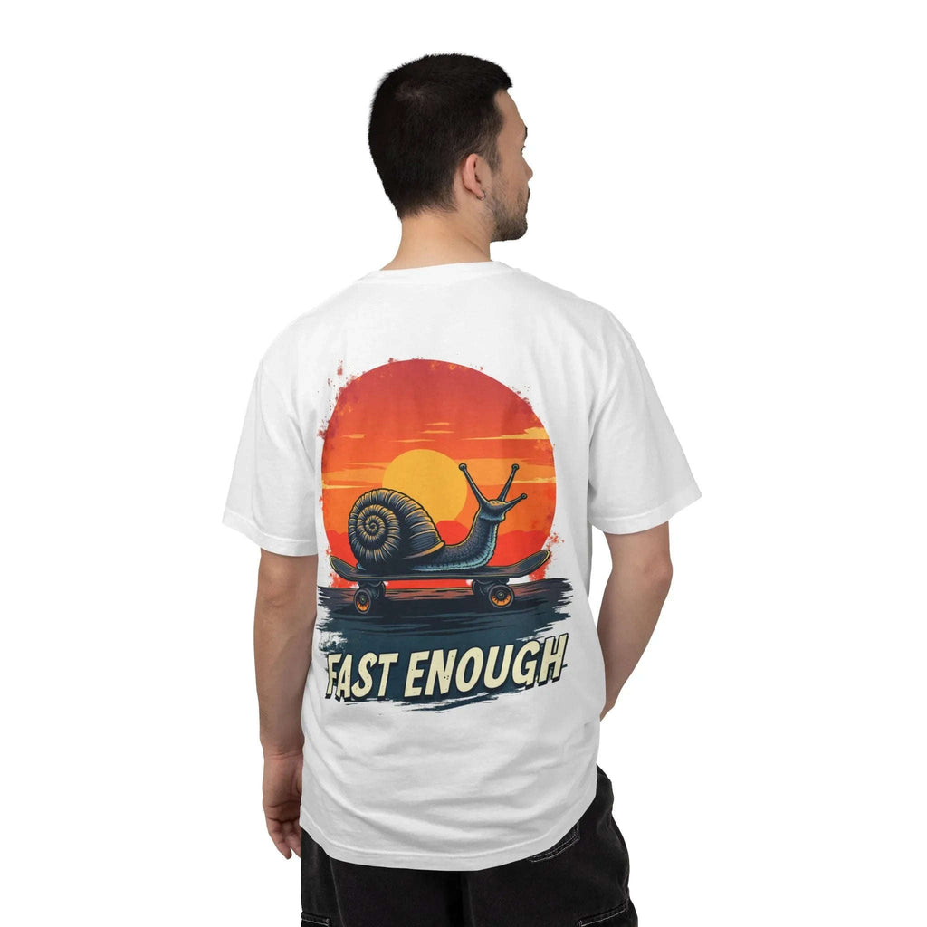 Snail on Skateboard Fast Enough T-Shirt, Funny Skate Graphic Sunset Tee, Cute Slow Skater Humor