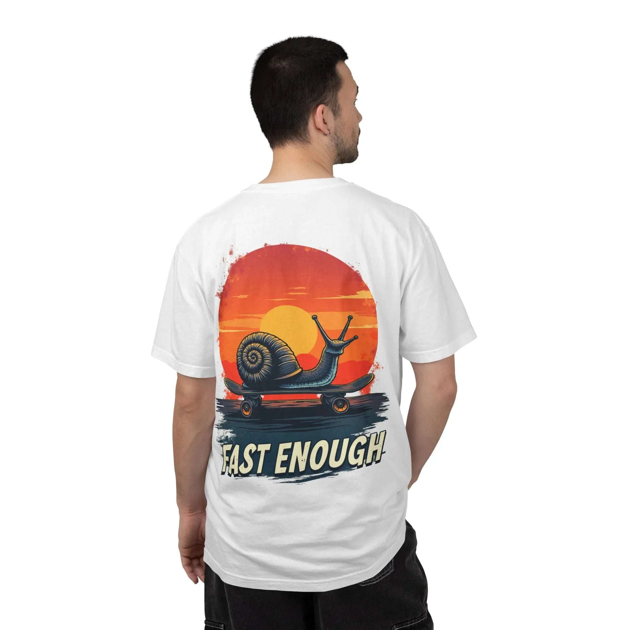 Snail on Skateboard Fast Enough T-Shirt, Funny Skate Graphic Sunset Tee, Cute Slow Skater Humor