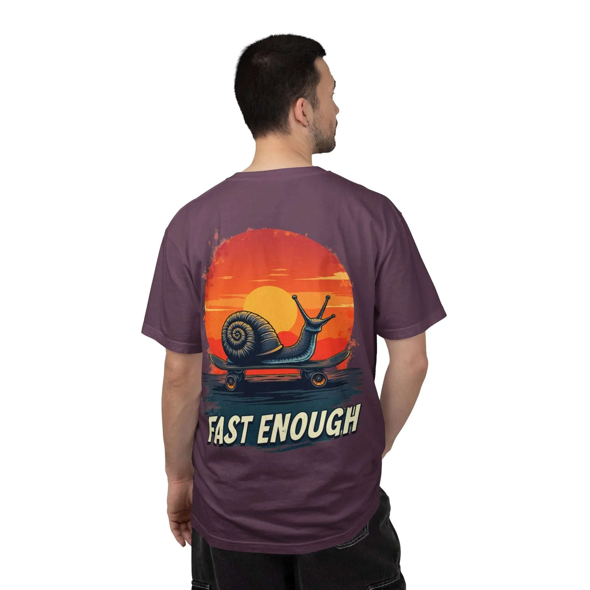 Snail on Skateboard Fast Enough T-Shirt, Funny Skate Graphic Sunset Tee, Cute Slow Skater Humor Berry M