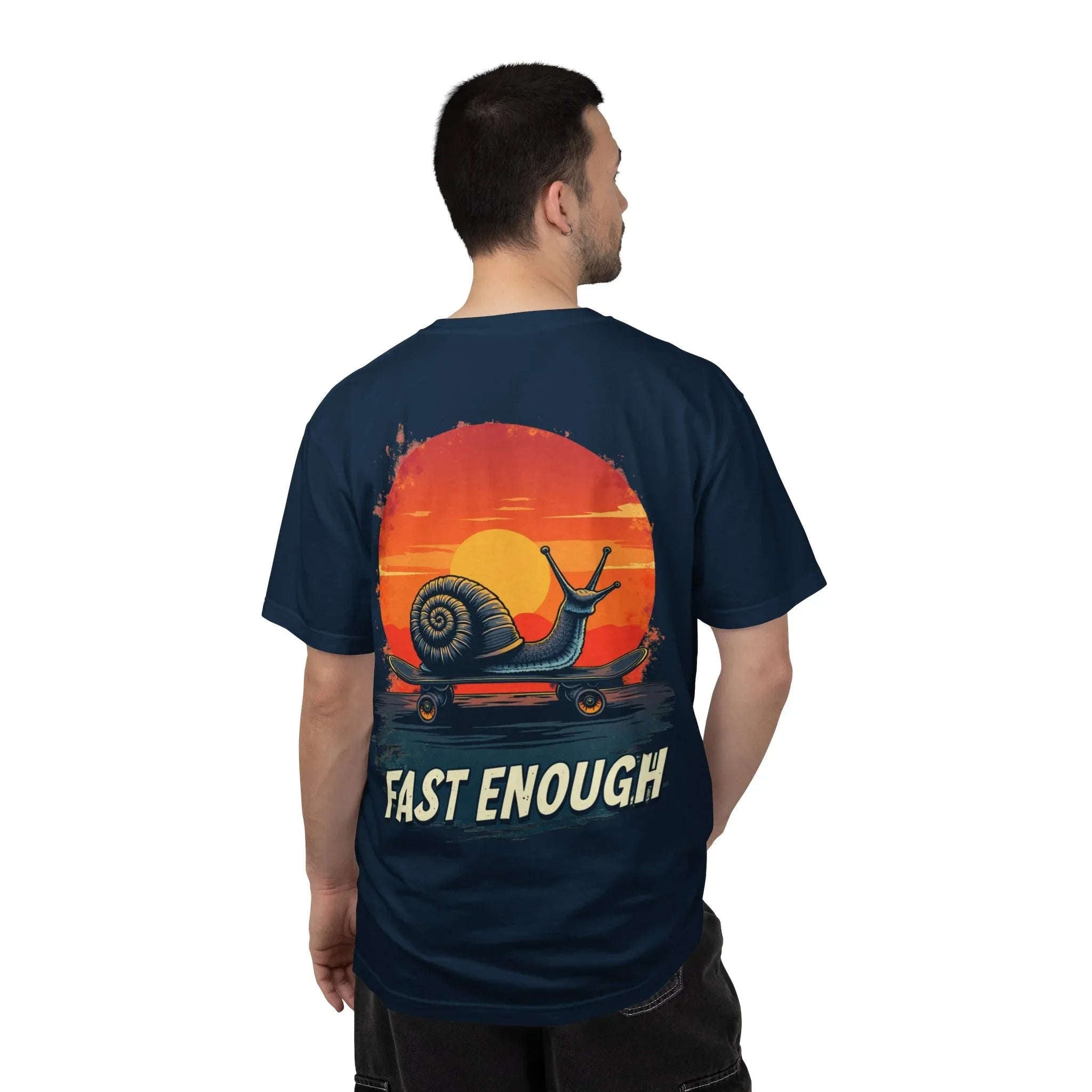 Snail on Skateboard Fast Enough T-Shirt, Funny Skate Graphic Sunset Tee, Cute Slow Skater Humor True Navy
