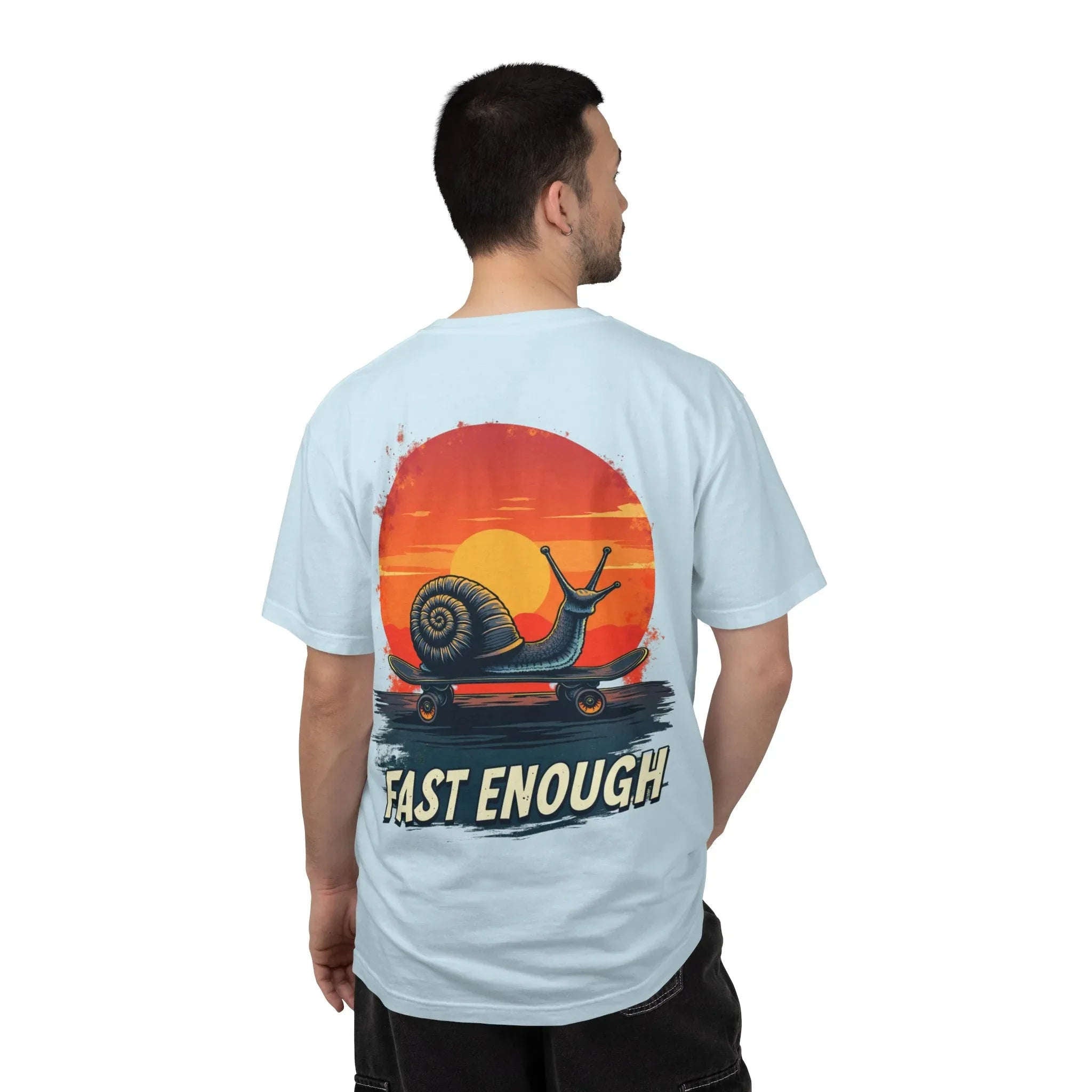 Snail on Skateboard Fast Enough T-Shirt, Funny Skate Graphic Sunset Tee, Cute Slow Skater Humor Chambray