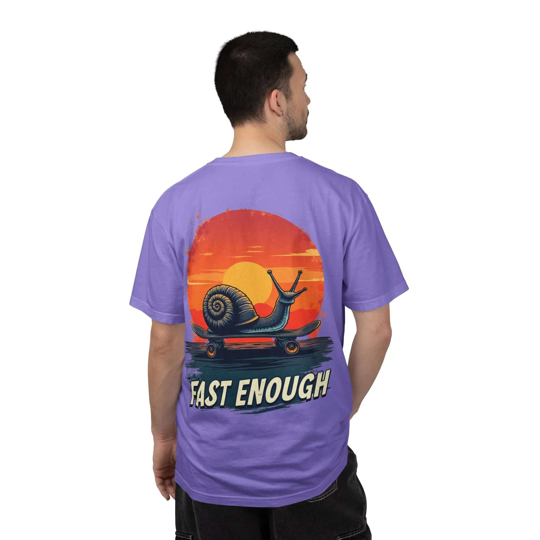 Snail on Skateboard Fast Enough T-Shirt, Funny Skate Graphic Sunset Tee, Cute Slow Skater Humor Violet
