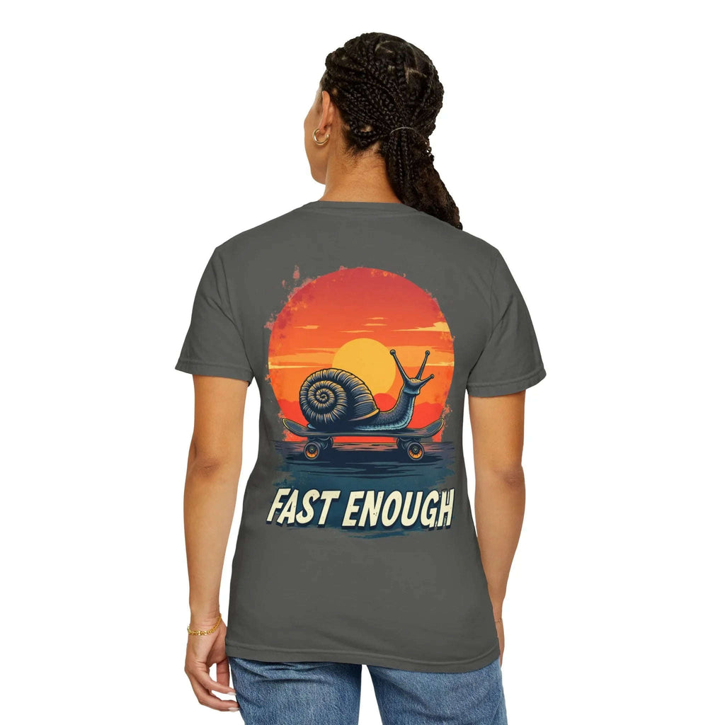 Snail on Skateboard Fast Enough T-Shirt, Funny Skate Graphic Sunset Tee, Cute Slow Skater Humor