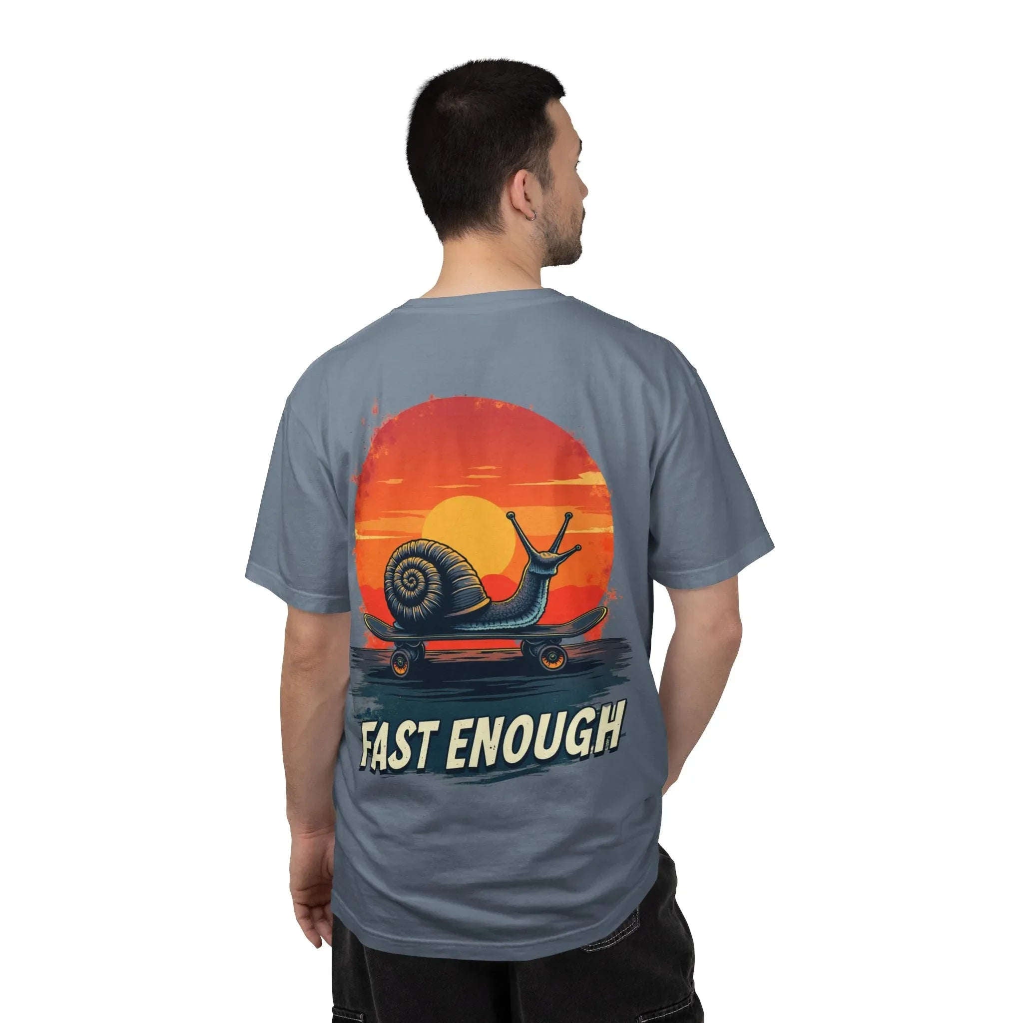 Snail on Skateboard Fast Enough T-Shirt, Funny Skate Graphic Sunset Tee, Cute Slow Skater Humor Blue Jean