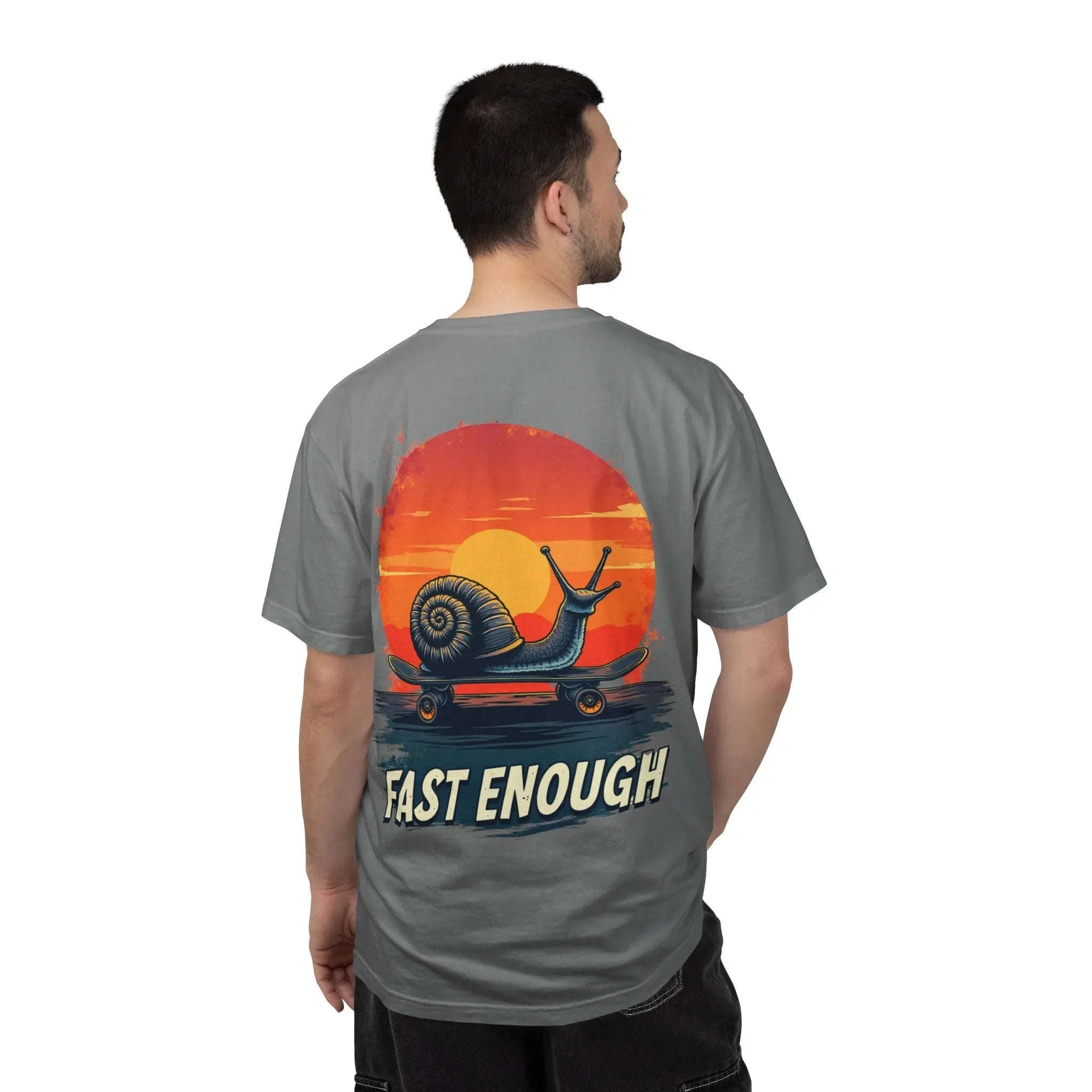 Snail on Skateboard Fast Enough T-Shirt, Funny Skate Graphic Sunset Tee, Cute Slow Skater Humor Grey