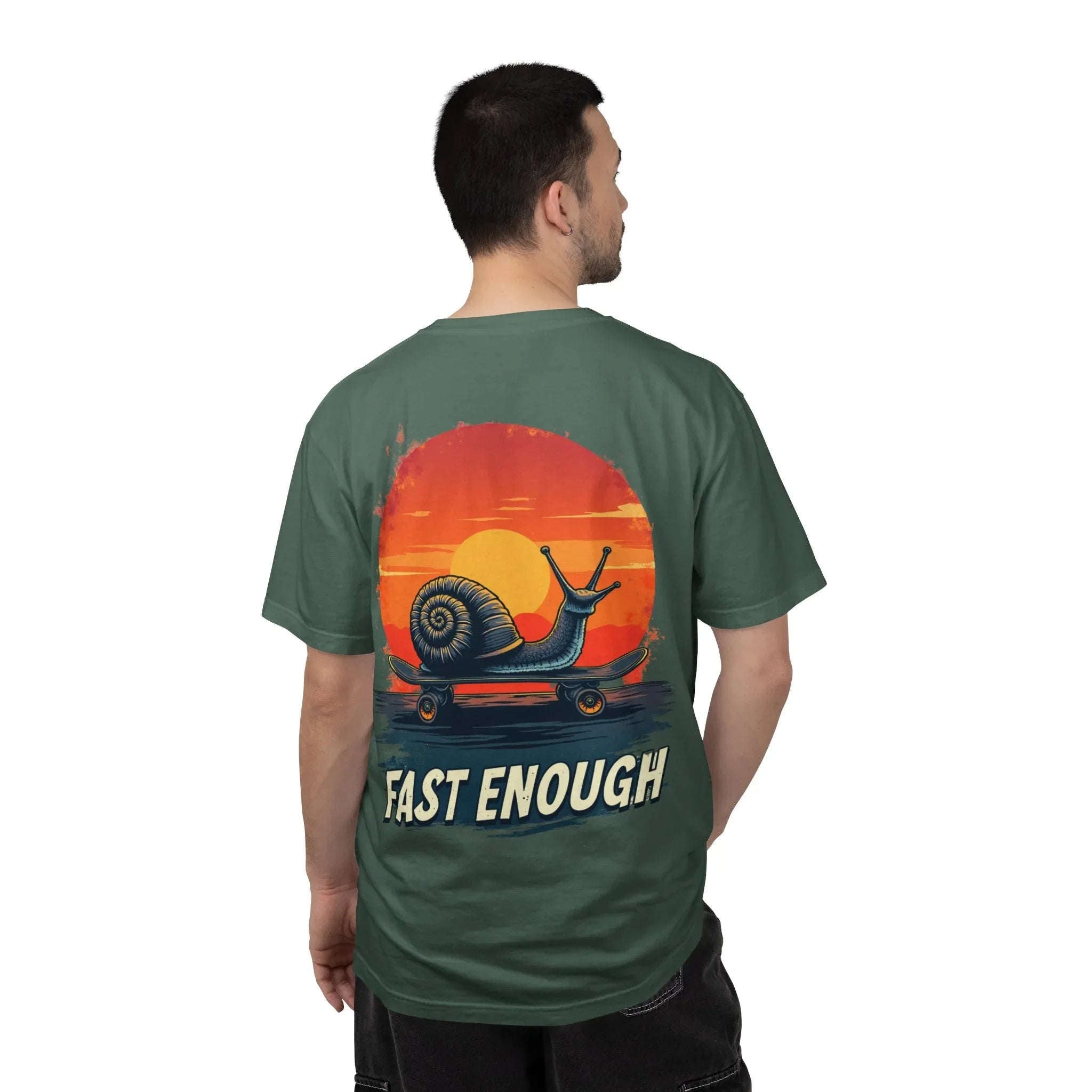 Snail on Skateboard Fast Enough T-Shirt, Funny Skate Graphic Sunset Tee, Cute Slow Skater Humor Blue Spruce