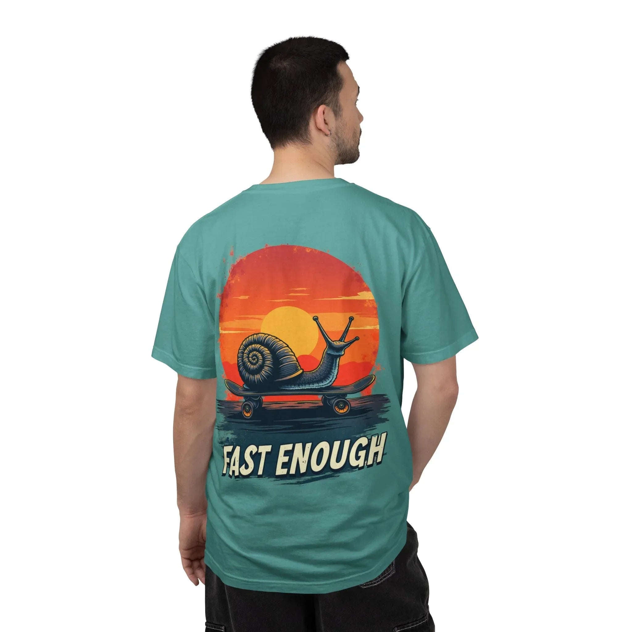 Snail on Skateboard Fast Enough T-Shirt, Funny Skate Graphic Sunset Tee, Cute Slow Skater Humor Seafoam