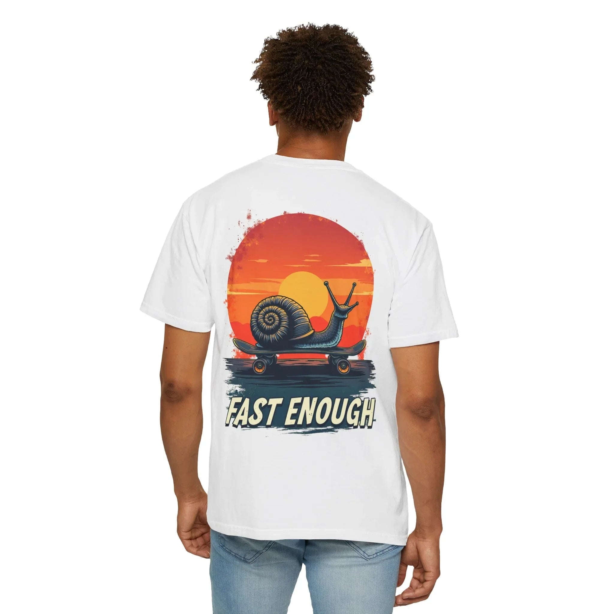 Snail on Skateboard Fast Enough T-Shirt, Funny Skate Graphic Sunset Tee, Cute Slow Skater Humor