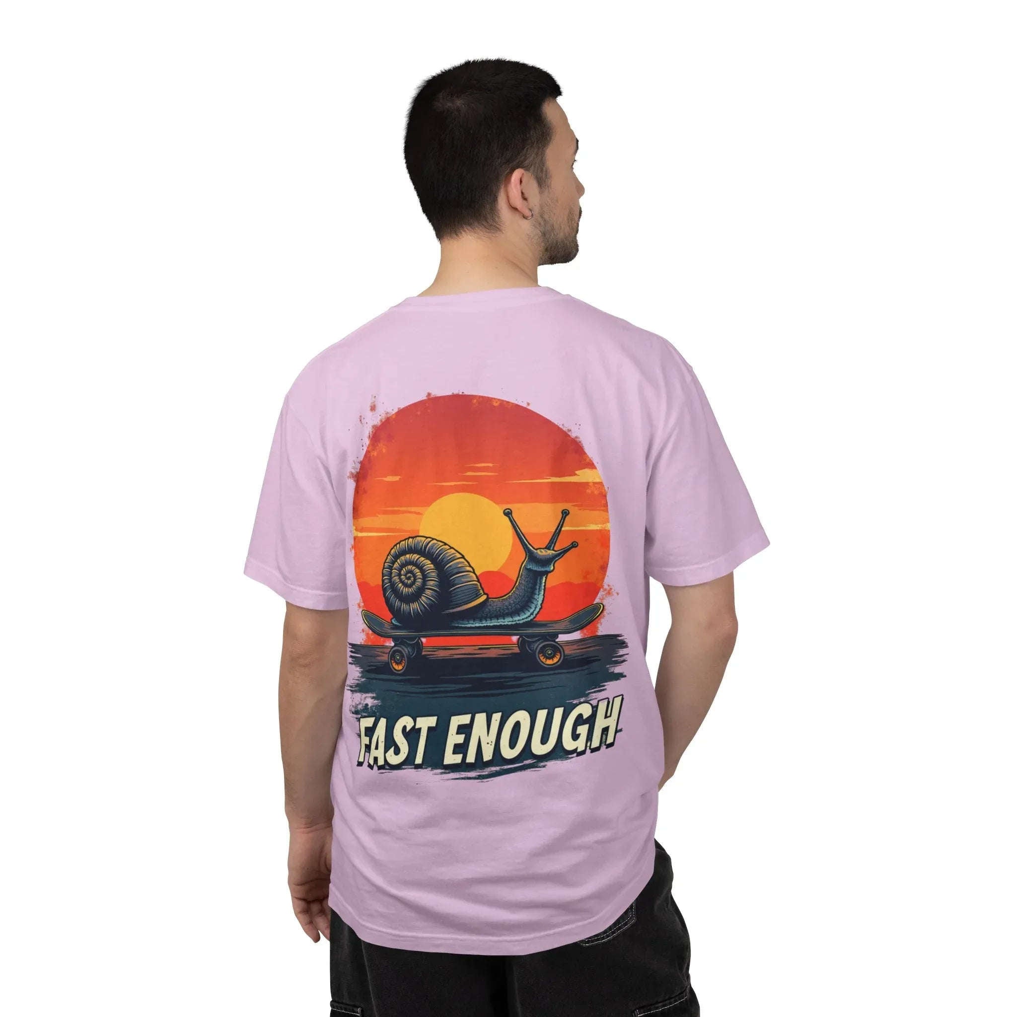 Snail on Skateboard Fast Enough T-Shirt, Funny Skate Graphic Sunset Tee, Cute Slow Skater Humor Orchid
