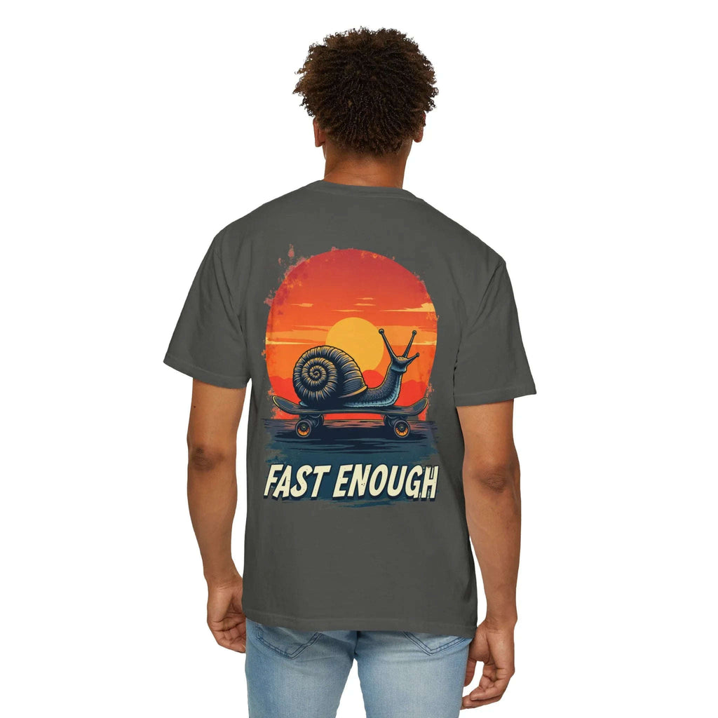 Snail on Skateboard Fast Enough T-Shirt, Funny Skate Graphic Sunset Tee, Cute Slow Skater Humor