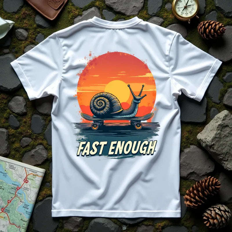 Snail on Skateboard Fast Enough T-Shirt, Funny Skate Graphic Sunset Tee, Cute Slow Skater Humor White