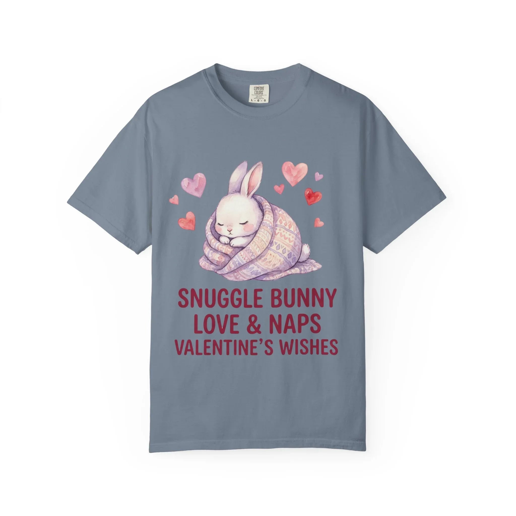 Snuggle Bunny Love and Naps Valentines T Shirt Cute Bunny Hearts Watercolor Cozy Vintage Aesthetic Gift for Bunny Lovers Soft Romantic Blue Jean