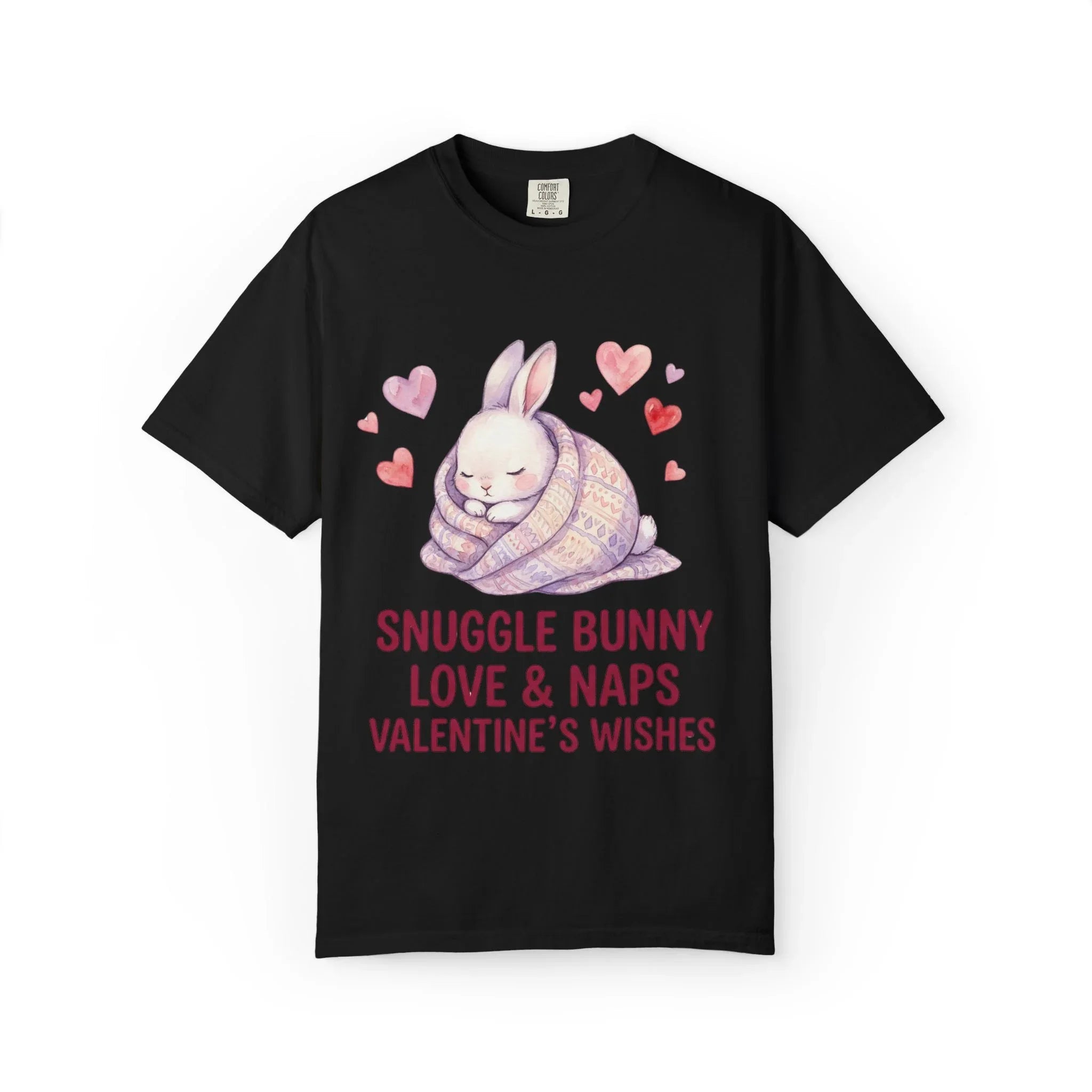 Snuggle Bunny Love and Naps Valentines T Shirt Cute Bunny Hearts Watercolor Cozy Vintage Aesthetic Gift for Bunny Lovers Soft Romantic Black