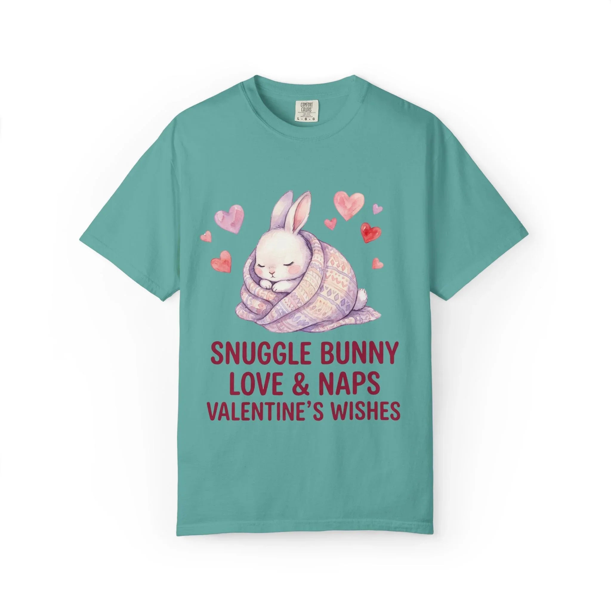 Snuggle Bunny Love and Naps Valentines T Shirt Cute Bunny Hearts Watercolor Cozy Vintage Aesthetic Gift for Bunny Lovers Soft Romantic Seafoam