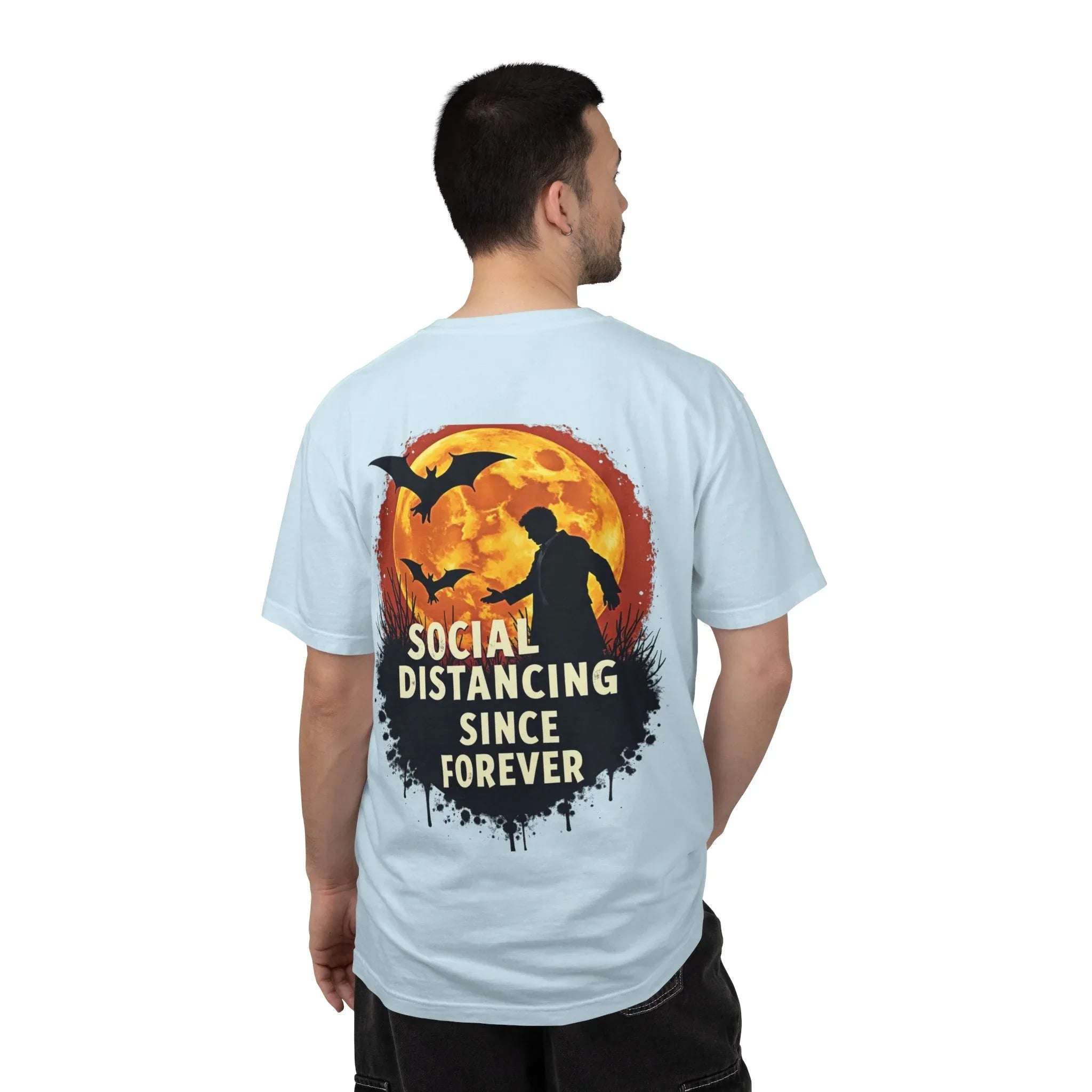 Social Distancing Since Forever Shirt, Funny Halloween Tee, Zombie Moon Bats T-Shirt, Spooky Introvert Gift, Goth Fall Vibes Chambray