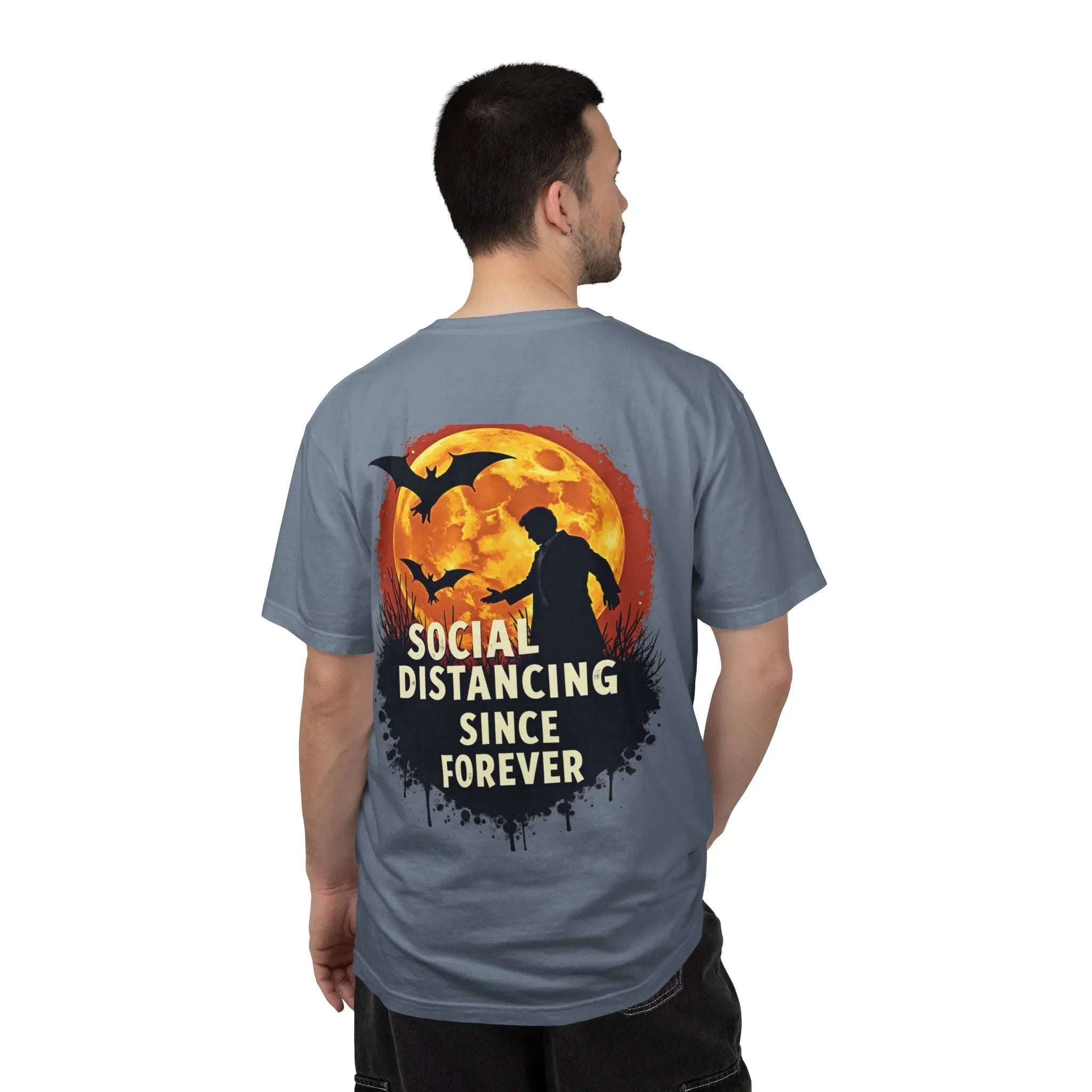 Social Distancing Since Forever Shirt, Funny Halloween Tee, Zombie Moon Bats T-Shirt, Spooky Introvert Gift, Goth Fall Vibes Blue Jean