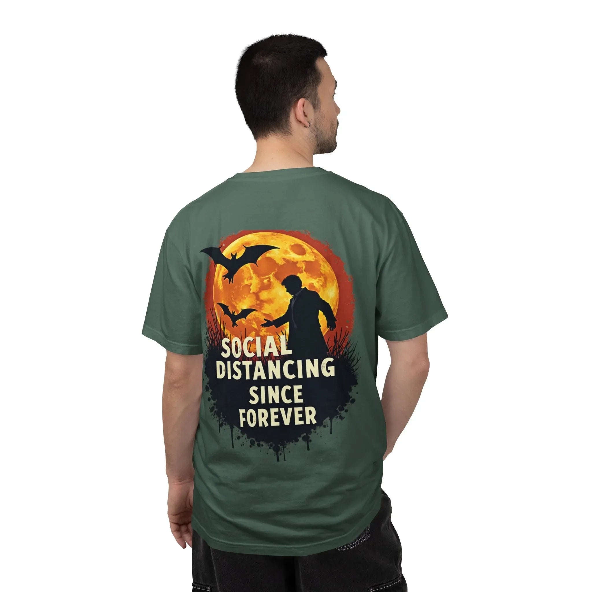 Social Distancing Since Forever Shirt, Funny Halloween Tee, Zombie Moon Bats T-Shirt, Spooky Introvert Gift, Goth Fall Vibes Blue Spruce