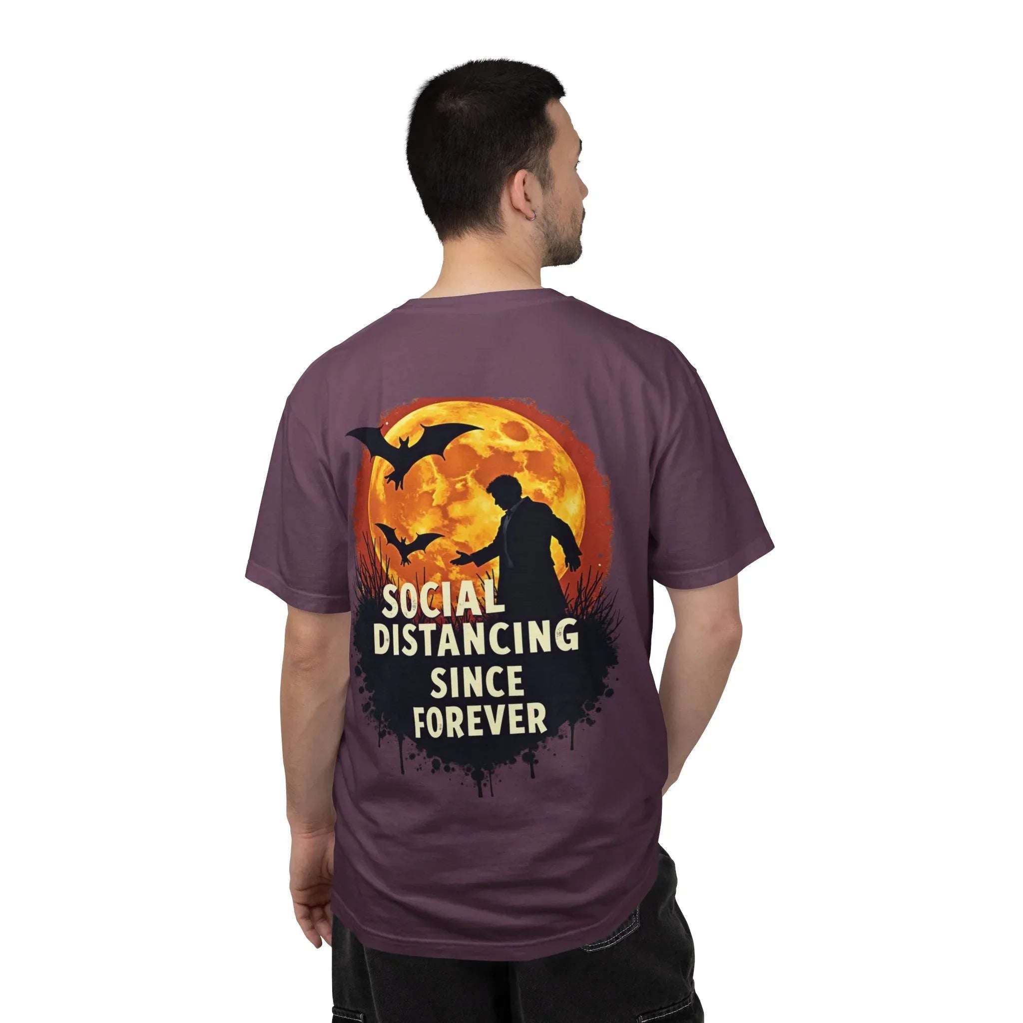 Social Distancing Since Forever Shirt, Funny Halloween Tee, Zombie Moon Bats T-Shirt, Spooky Introvert Gift, Goth Fall Vibes Berry M